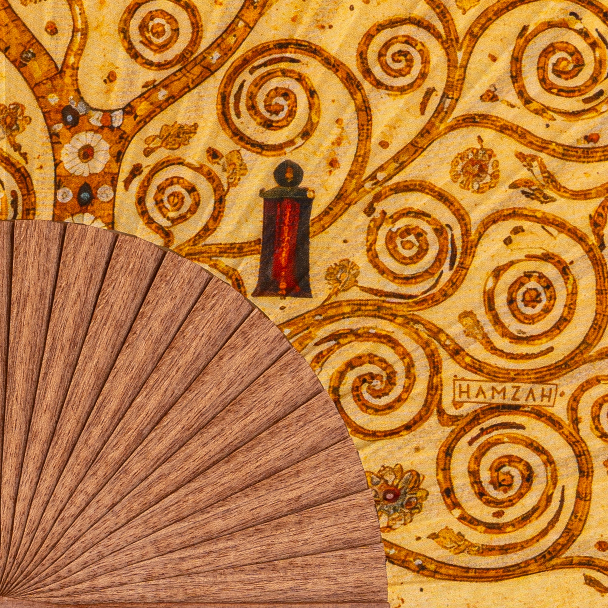 Close-up of the Gustav Klimt Print Hand Fan Tree of Life showing the Gustav Klimt Tree of Life golden print in detail.