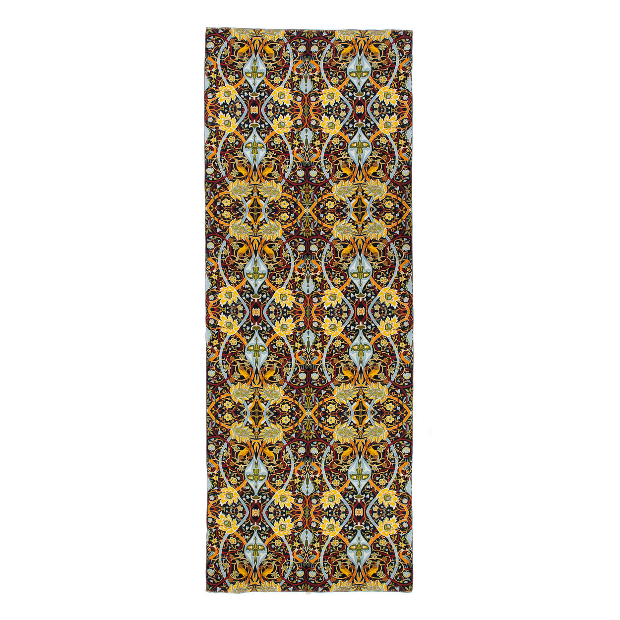 Vintage Floral Silk Scarf featuring ornate bird and bloom motifs with intricate, symmetrical patterns in gold, blue, and red tones—reminiscent of traditional decorative designs.