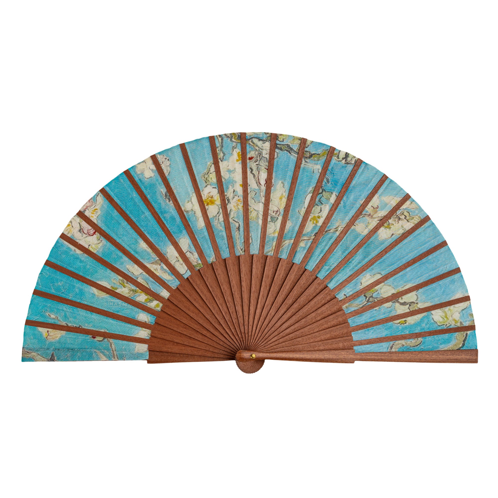 The Van Gogh Print Hand Fan Delphine fully open, showing the Van Gogh Almond Blossom print on light blue on silk with natural wooden ribs.