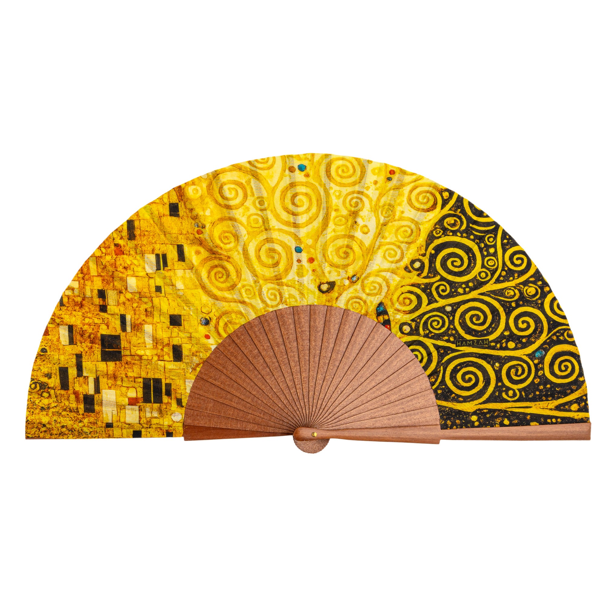 The Gustav Klimt Print Hand Fan Tree of Life II open, highlighting the Gustav Klimt Tree of Life golden print and Kotibé wood ribs.