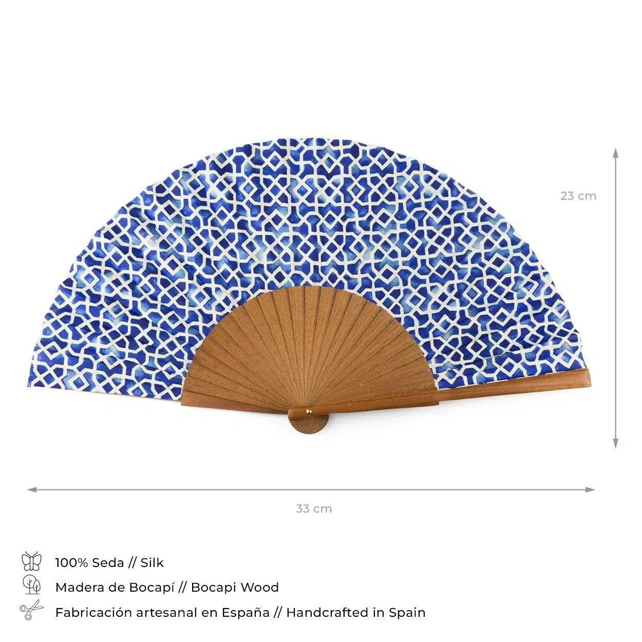 The Blue Ikat Print Hand Fan Bulan presented with its Hamzah gift box and velvet pouch.
