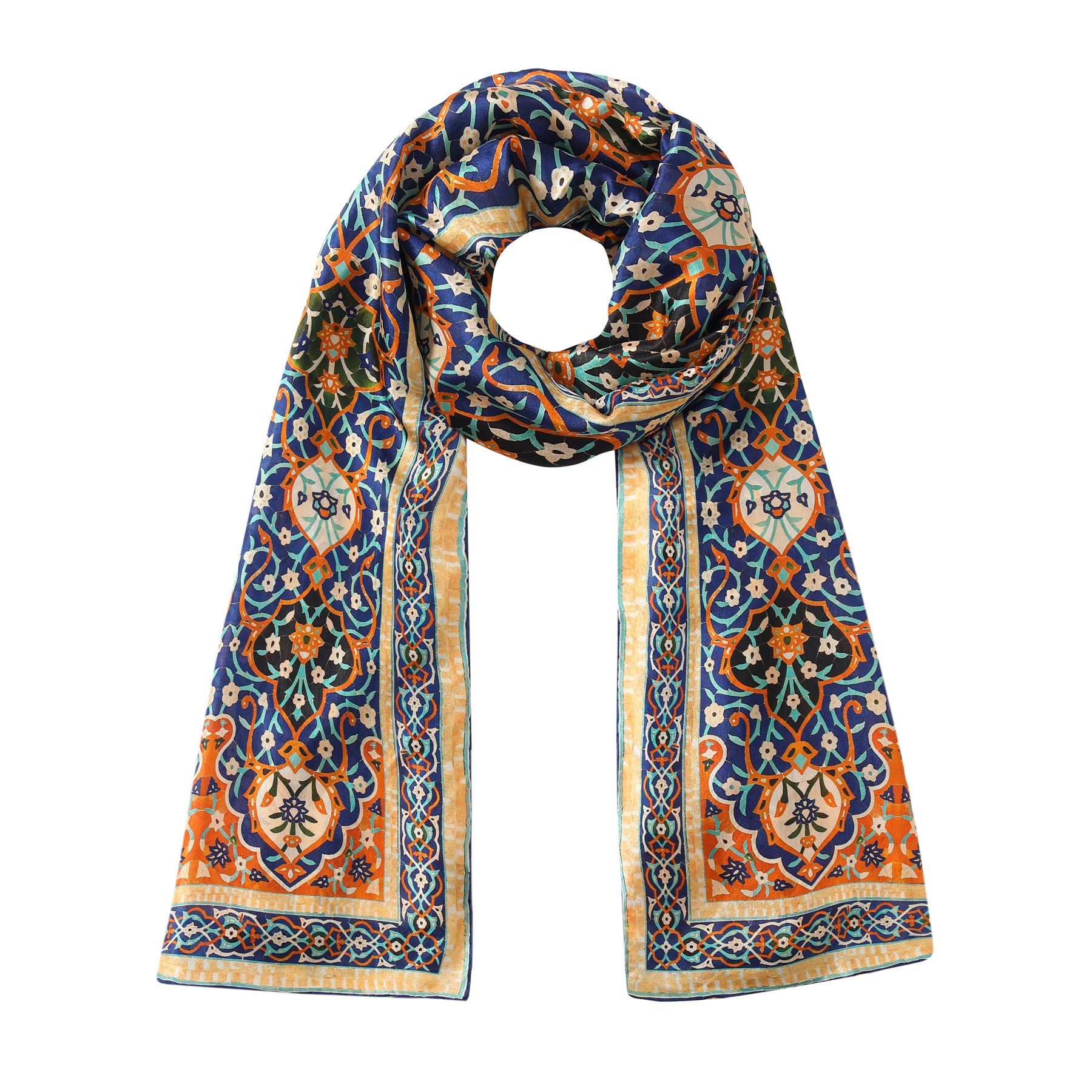 The Blue and Orange Silk Scarf Itr folded, showing the Itr Al-Andalus mosaic print in blue and orange on natural Habotai silk.