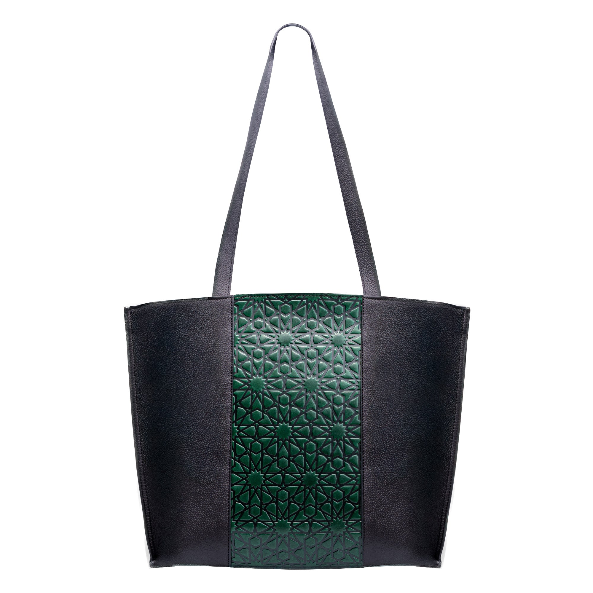 The Leather Tote Bag Green and Black - Alhambra Pattern Embossed features long handles, a central dark green Spanish leather panel embossed with geometric patterns, and smooth black leather sides.