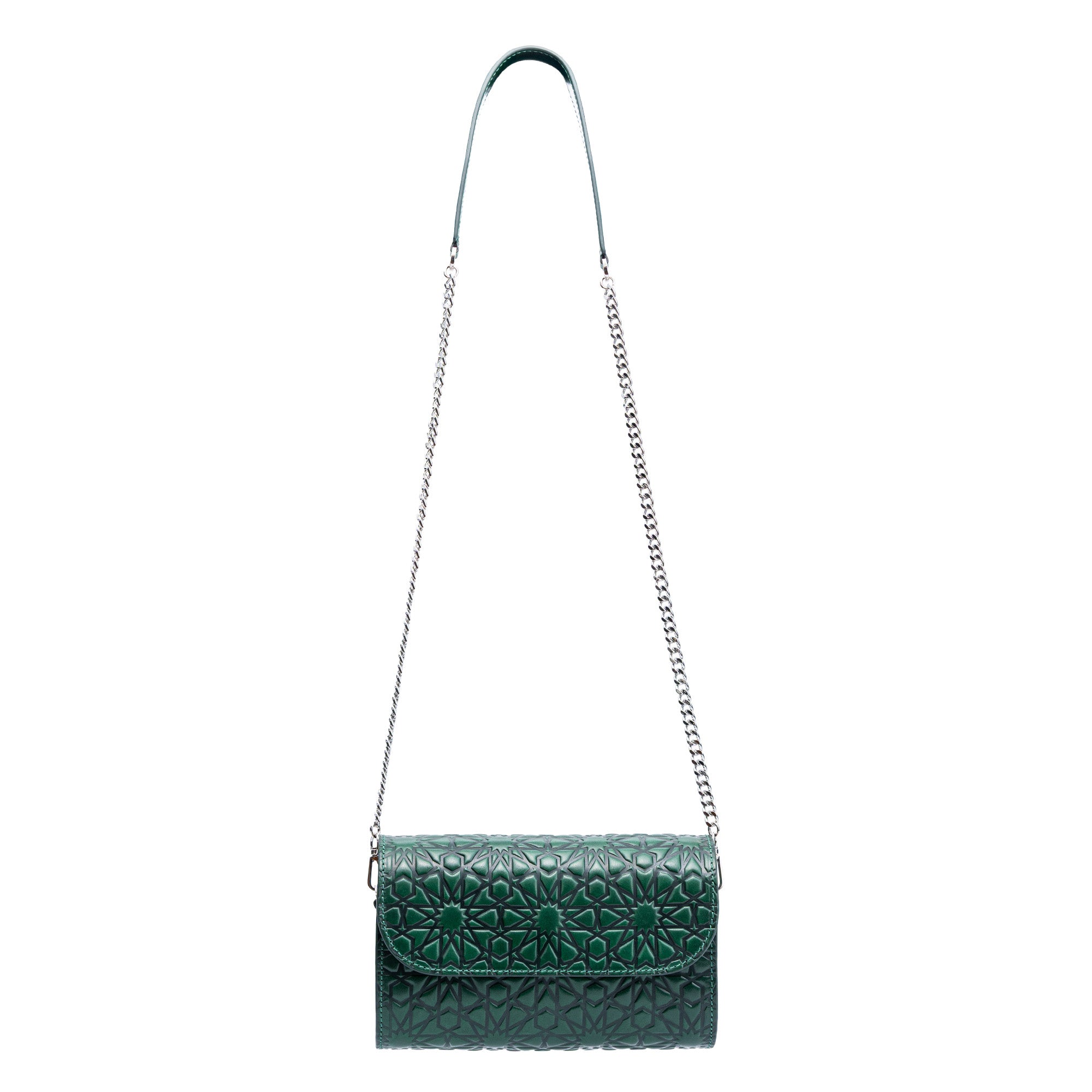 The Small Embossed Leather Bag in Dark Green - Bayarcal is an eco-friendly shoulder bag featuring Islamic geometric embossing, a flap closure, and a silver chain strap with a green leather section at the top.