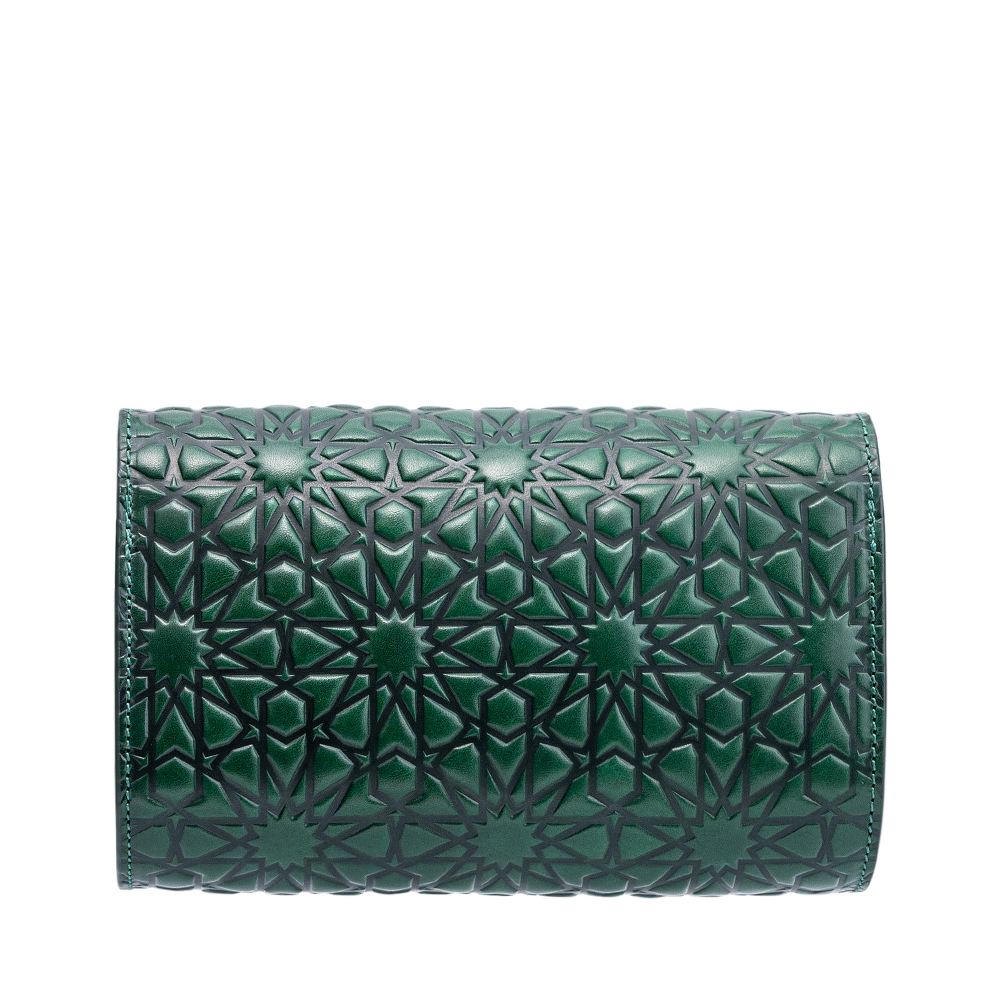 The Small Embossed Leather Bag in Dark Green - Bayarcal is a handcrafted eco-friendly clutch from Spain, featuring an Islamic geometric star and polygon pattern across its surface, shown against a white background.