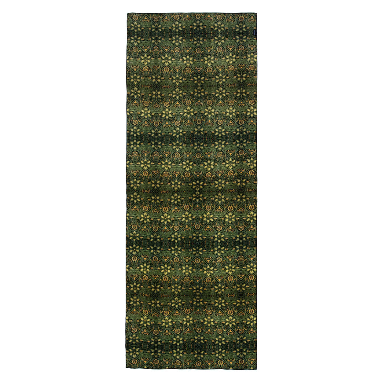 Inspired by heritage, this rectangular mat has a green backdrop with detailed yellow and gold geometric floral patterns, echoing the style of the Vintage Green Silk Scarf with Ornate Gold Motifs.