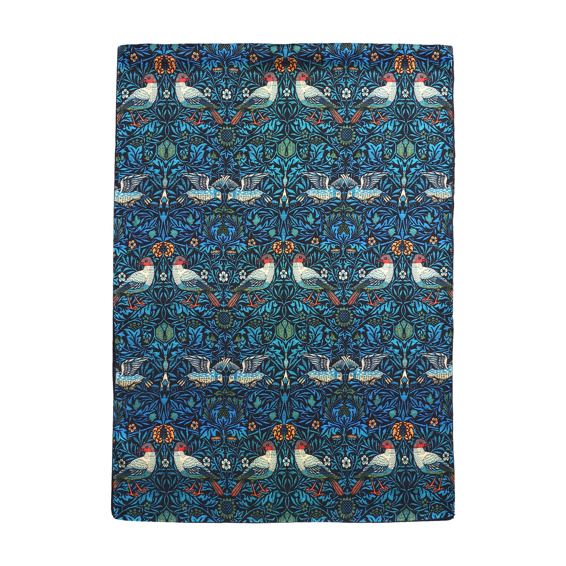 The William Morris Inspired Silk Scarf with Bird & Floral Motifs features vibrant, symmetrical birds and flowers in blue