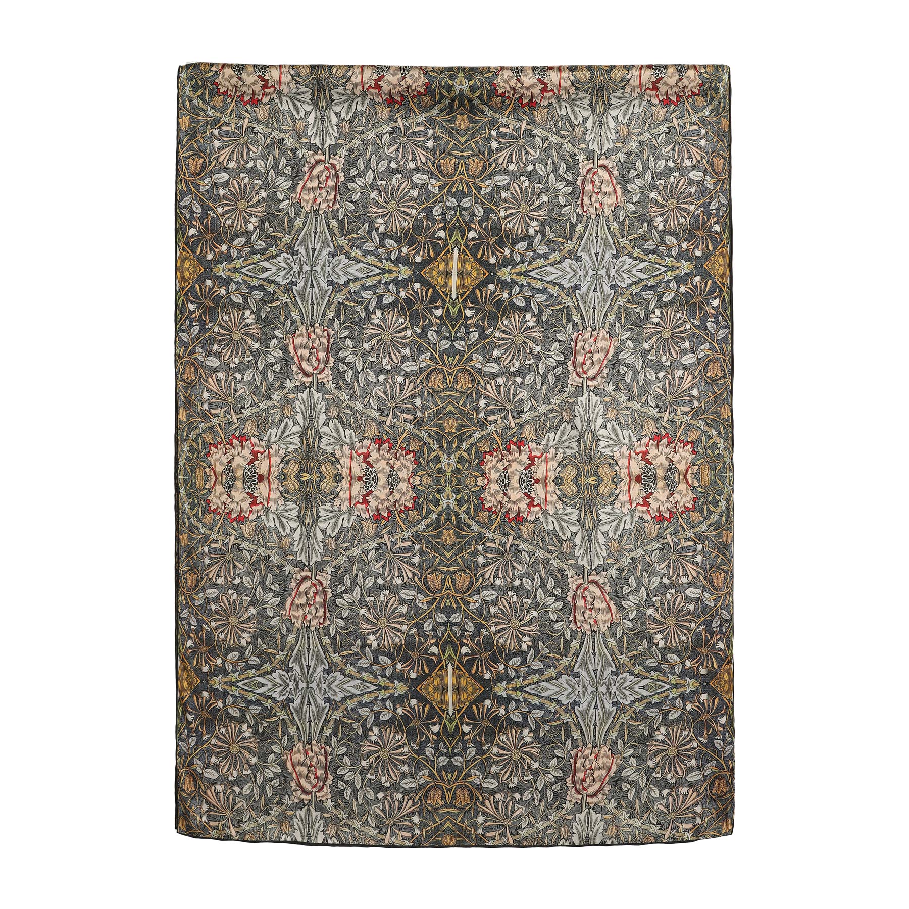 A close-up of the Grey Silk Scarf Erna, showcasing intricate art nouveau patterns with swirling floral and leaf designs