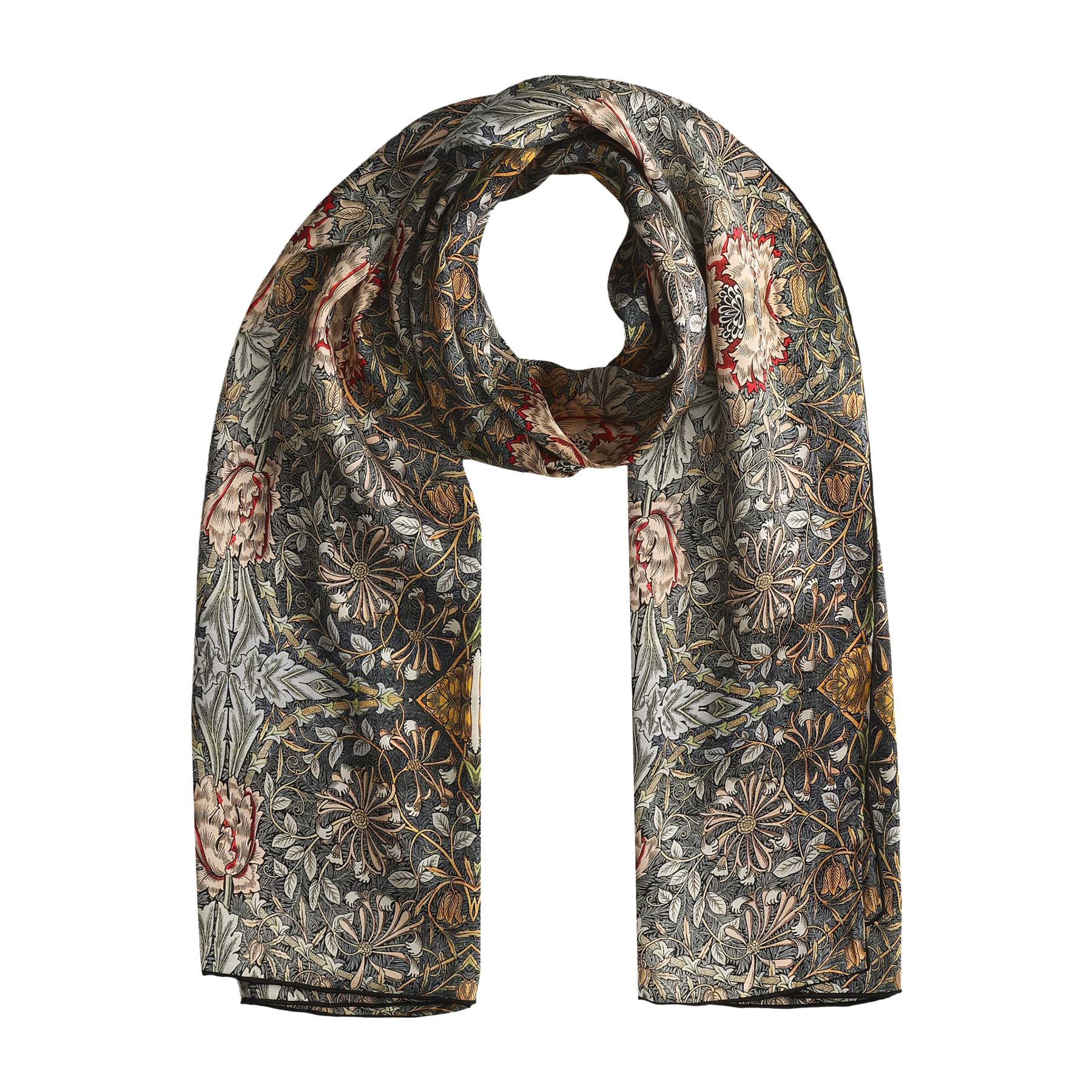 The Grey Silk Scarf Erna features an intricate floral pattern in blue, green, yellow, and red on a dark background, displayed flat with the ends hanging down.