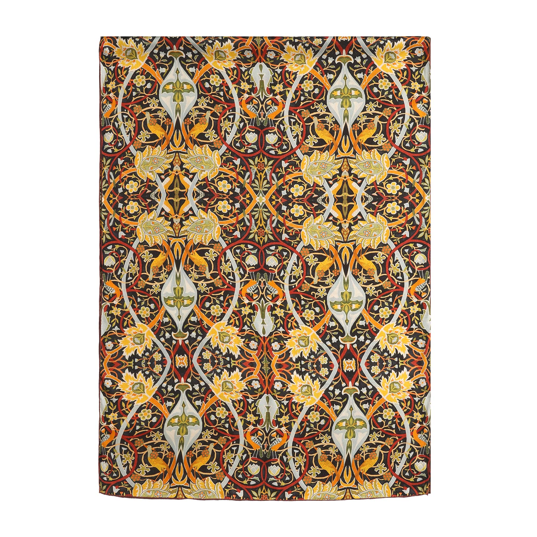A close-up of the Vintage Floral Silk Scarf, gathered in a spiral fold, reveals ornate bird and bloom motifs with richly colored floral and vine designs in gold, red, green, and blue.
