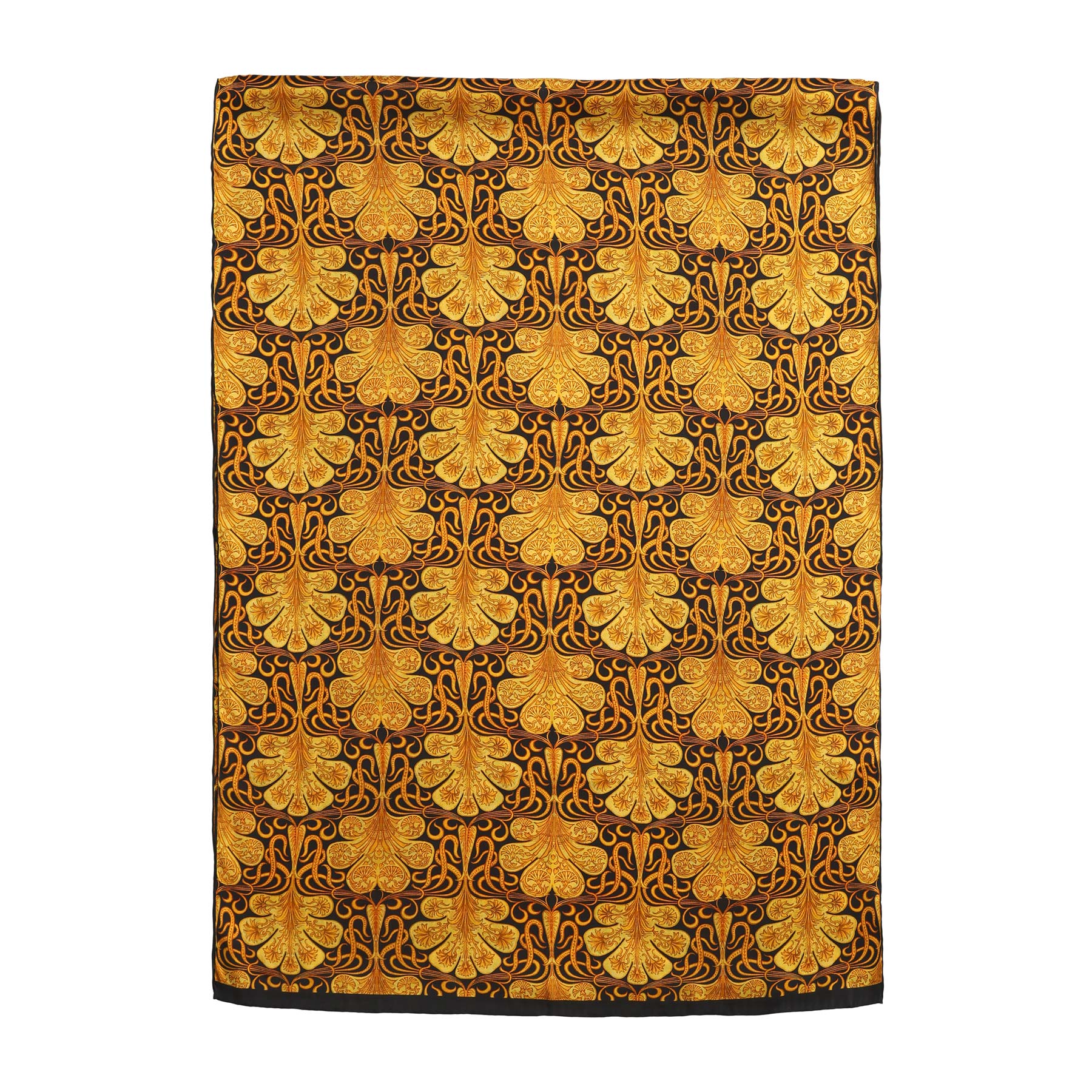 Close-up of the Black Silk Scarf with Ornate Gold Pattern Reims, showcasing its vibrant gold art nouveau design on a black silk background, elegantly draped and slightly folded on a flat surface.