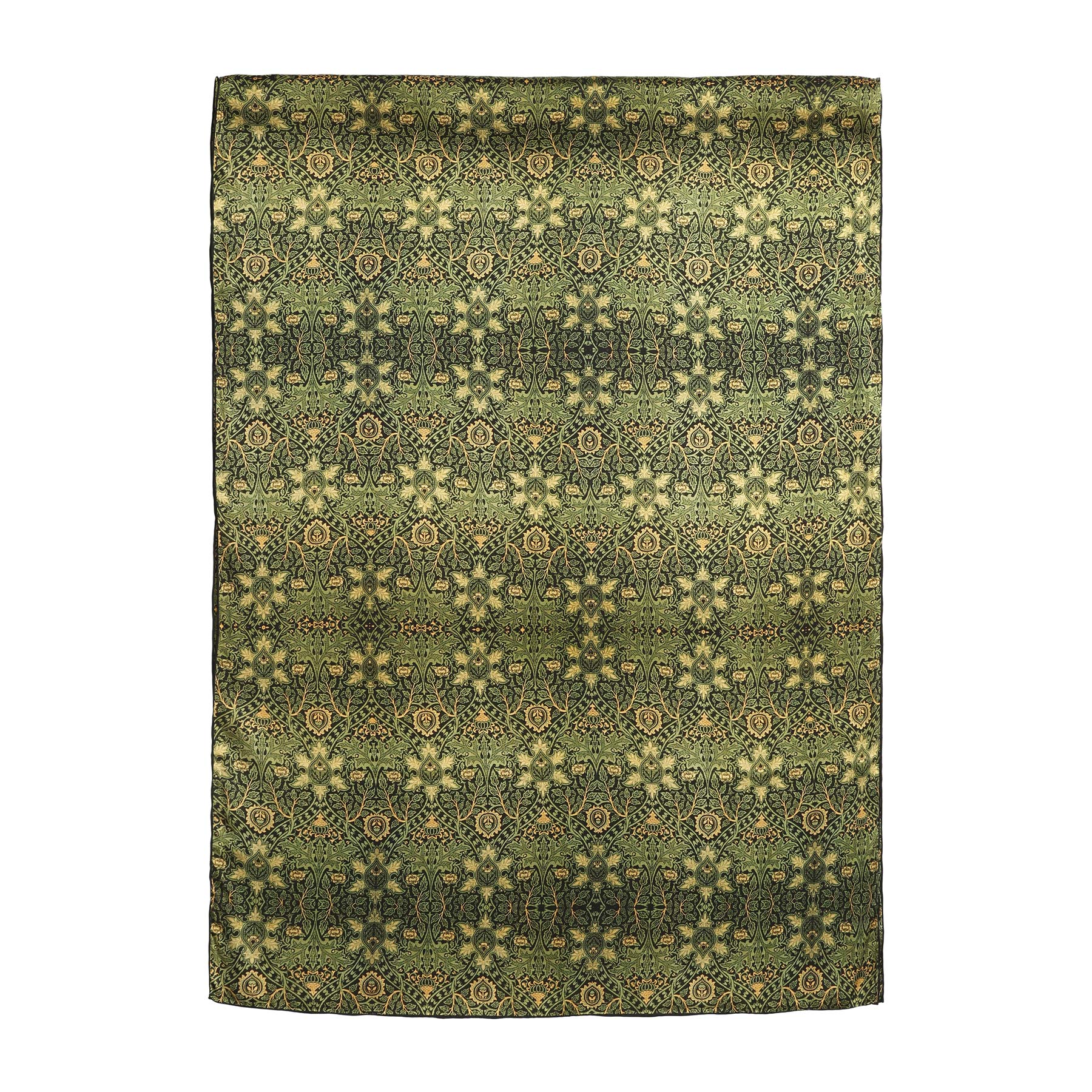 A close-up of the Vintage Green Silk Scarf with Ornate Gold Motifs, showcasing intricate floral and paisley designs in gold brocade, elegantly gathered in soft folds—a heritage-inspired accessory.