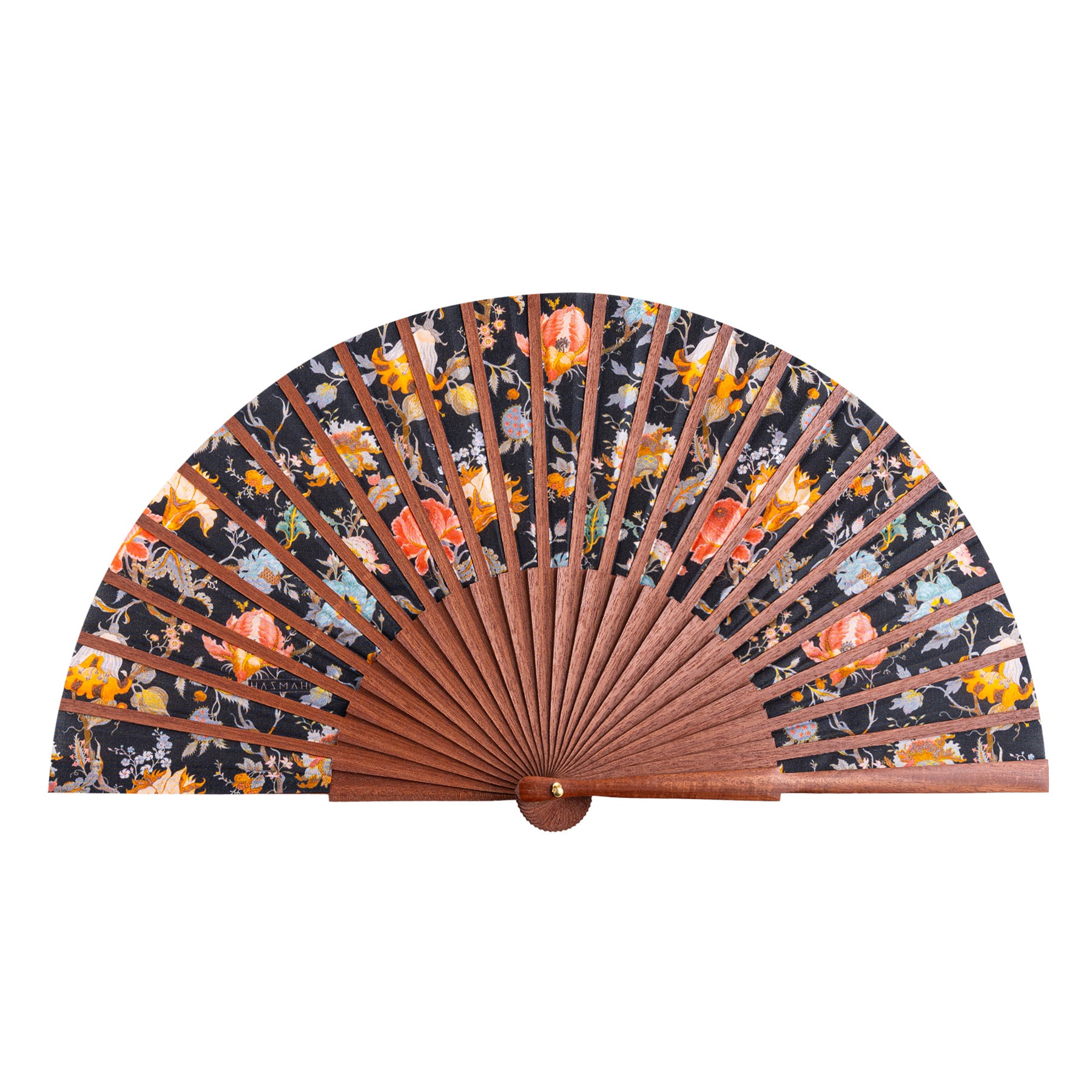 The William Morris Print Hand Fan Aubrey features wooden ribs and dark silk fabric with an orange, yellow, and blue floral pattern, shown fully open against a white background.