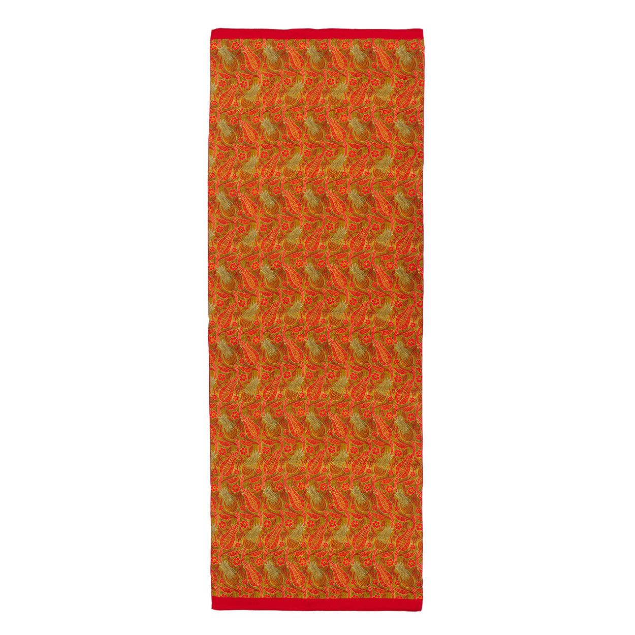 The Floral Silk Scarf with Bold Red & Green Accents features an intricate orange, red, and green paisley pattern with a solid red border. Made of natural silk with a satin finish, this versatile piece is perfect as a scarf or table runner.