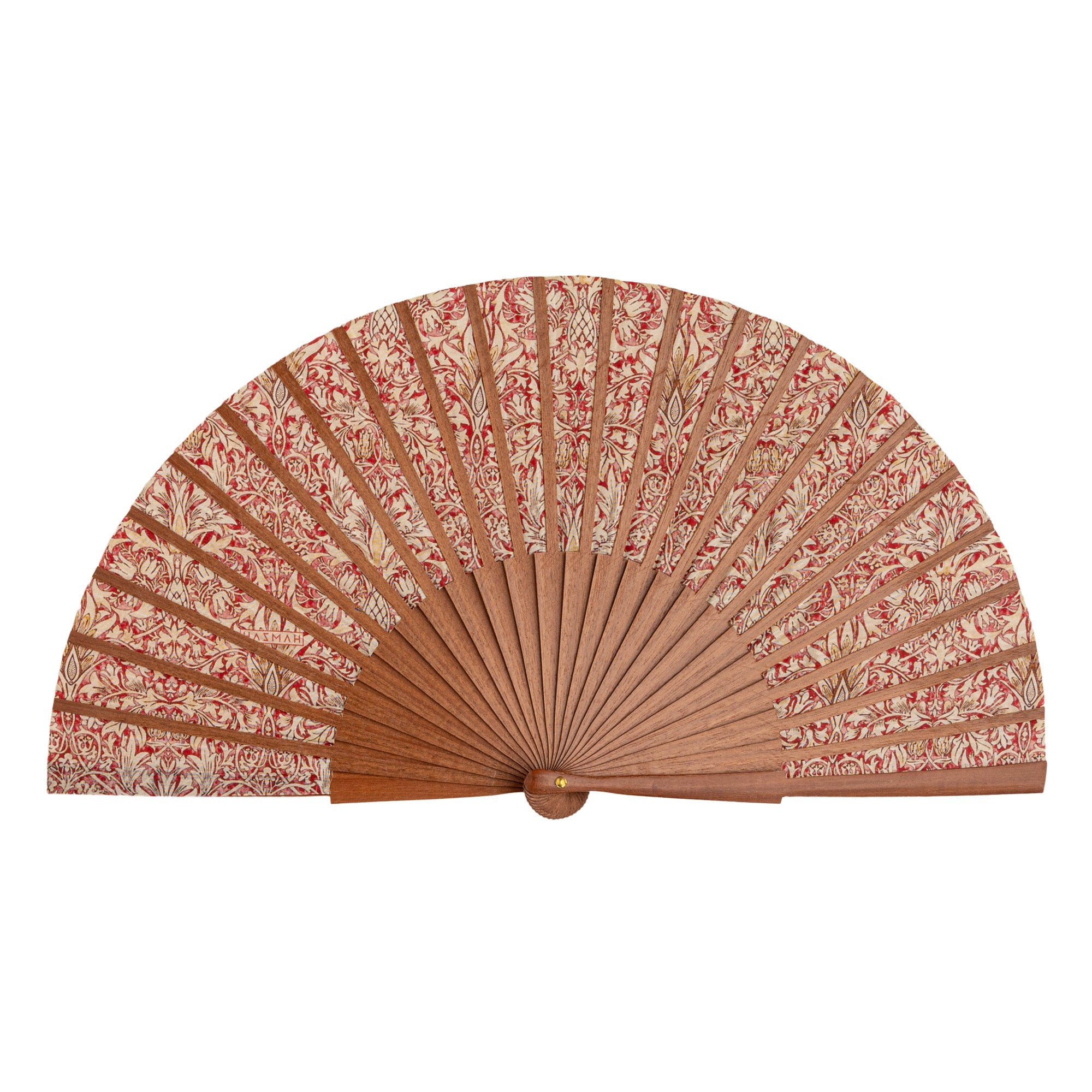 The William Morris Print Hand Fan Renacentista fully open, showing the William Morris botanical print in red and gold on silk with natural wooden ribs.