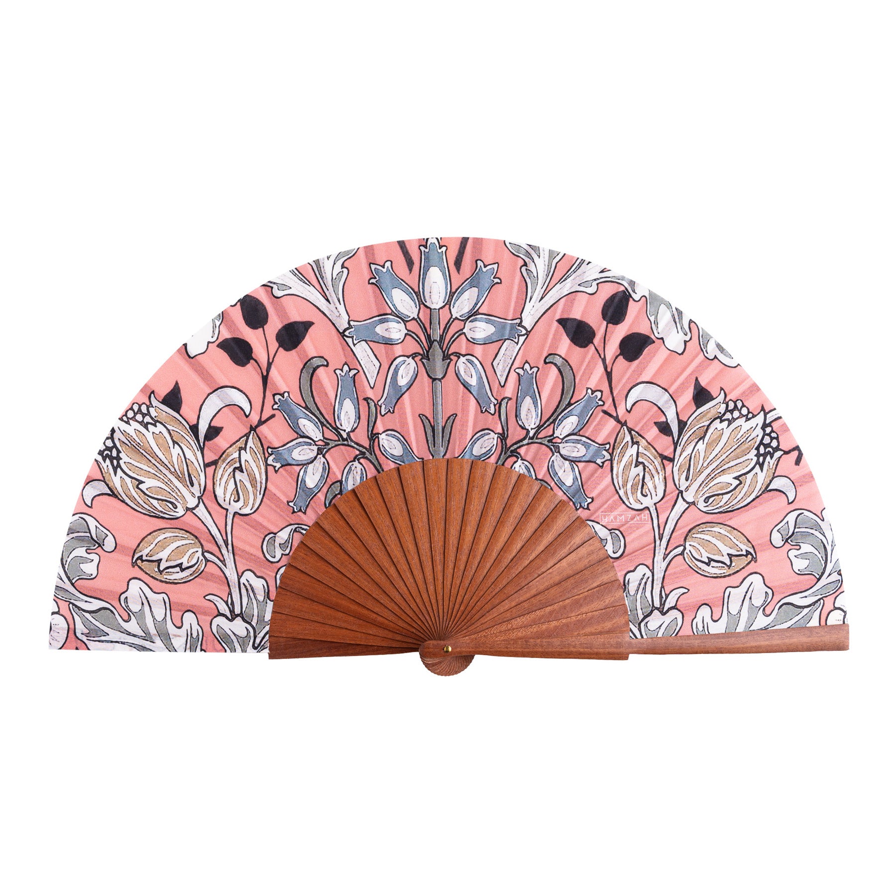 The Folding Silk Fan with Floral Print Elinor features wooden ribs and a pink floral-patterned fabric, inspired by Spanish craftsmanship.