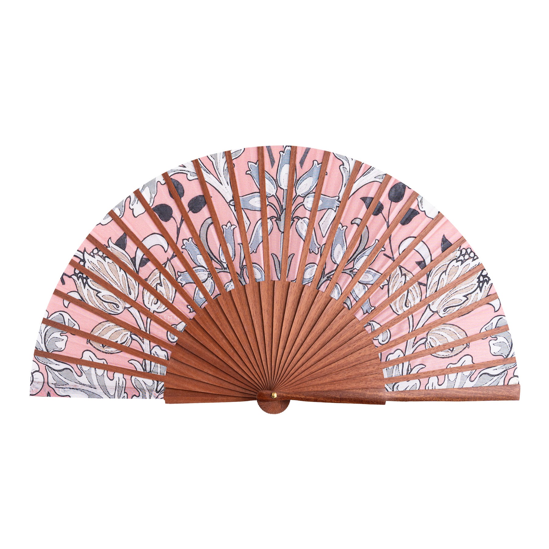 The Folding Silk Fan with Floral Print Elinor features a wooden frame and pink silk with a white and gray floral pattern, inspired by Spanish craftsmanship. Shown fully opened against a white background.