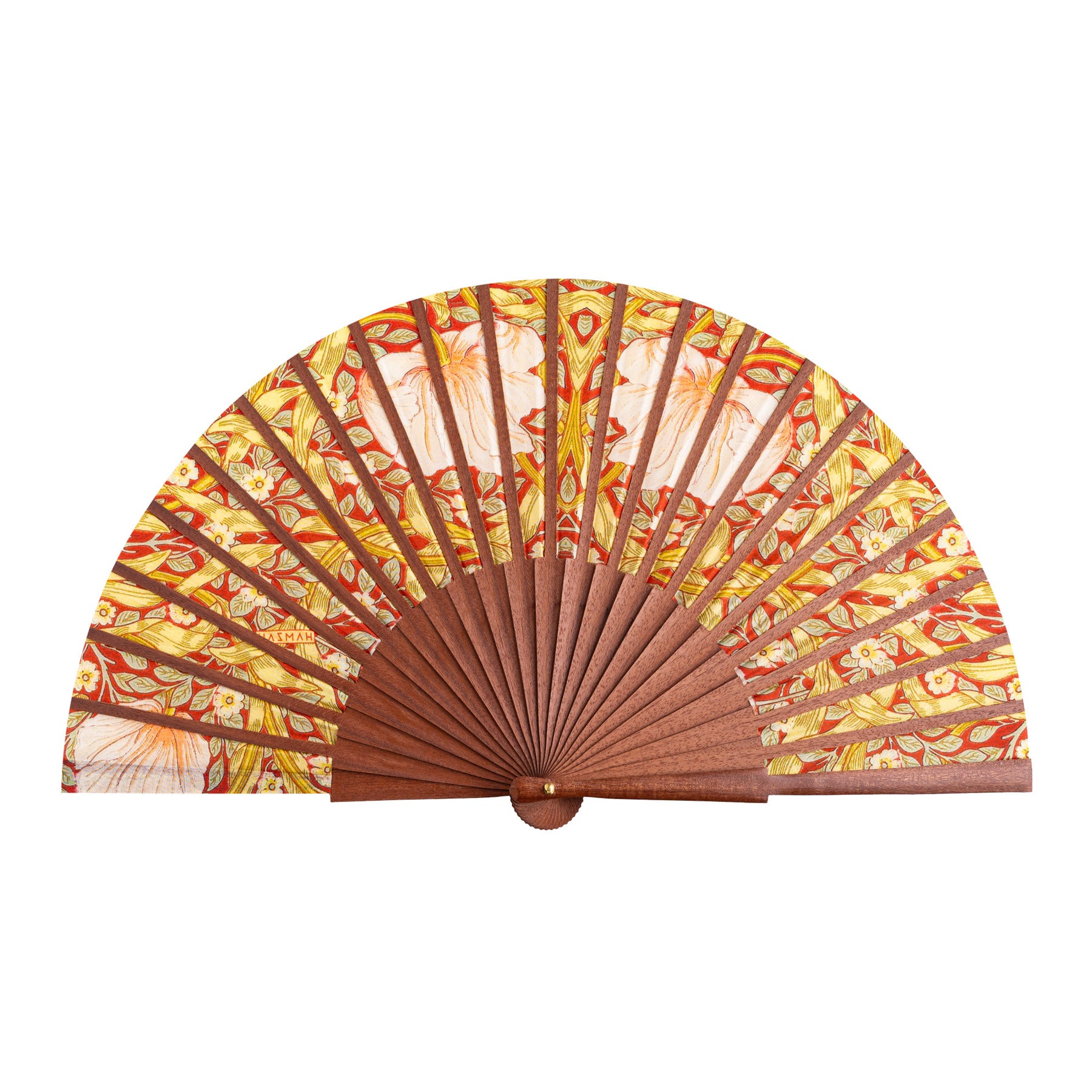 The Hand Fan Made in Spain Basile features a wooden frame and vibrant floral fabric in red, yellow, and cream, shown fully open against a white background.