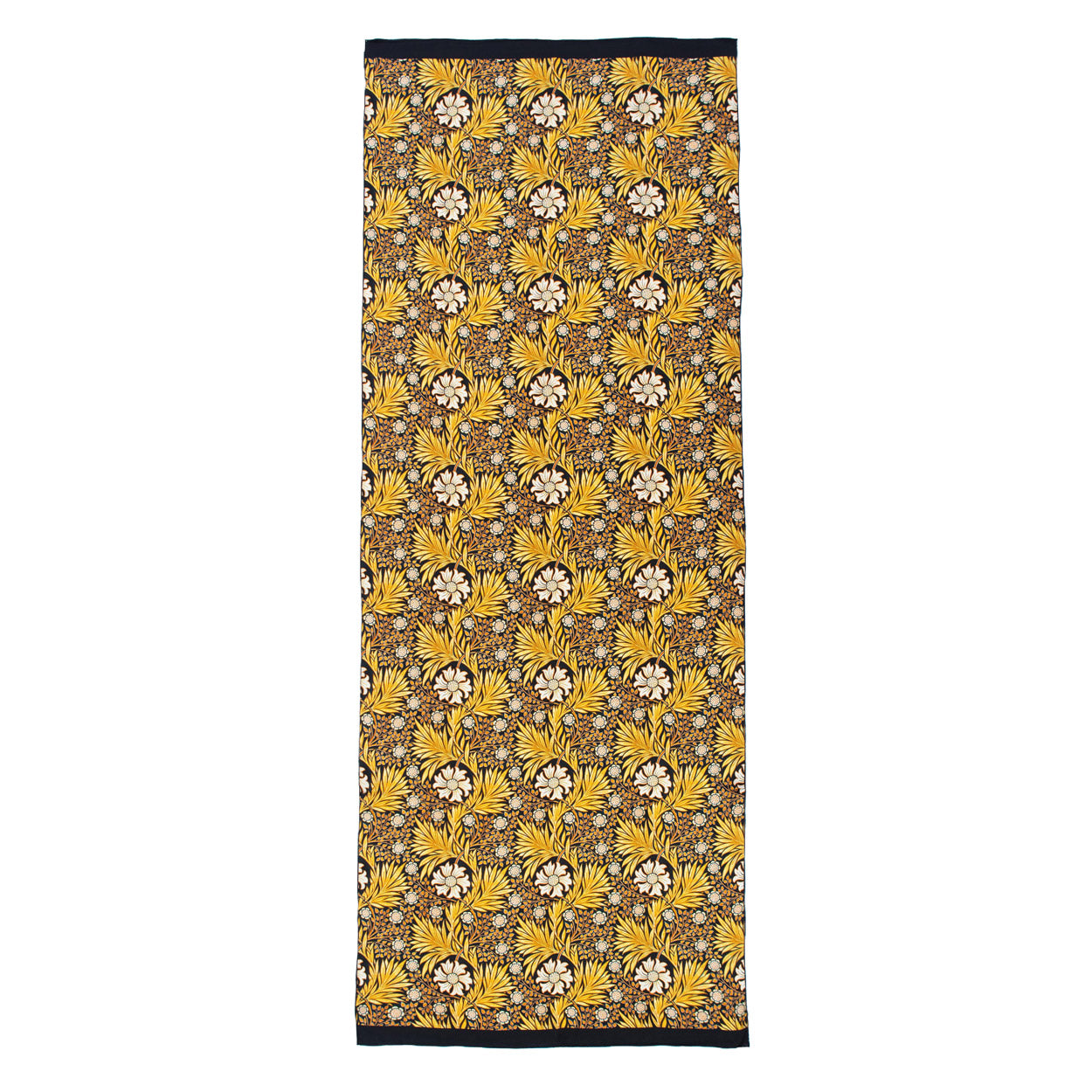 The Black Silk Scarf with Gold Floral Motifs Aurum features repeating gold floral motifs with black outlines and dark borders along the top and bottom edges.