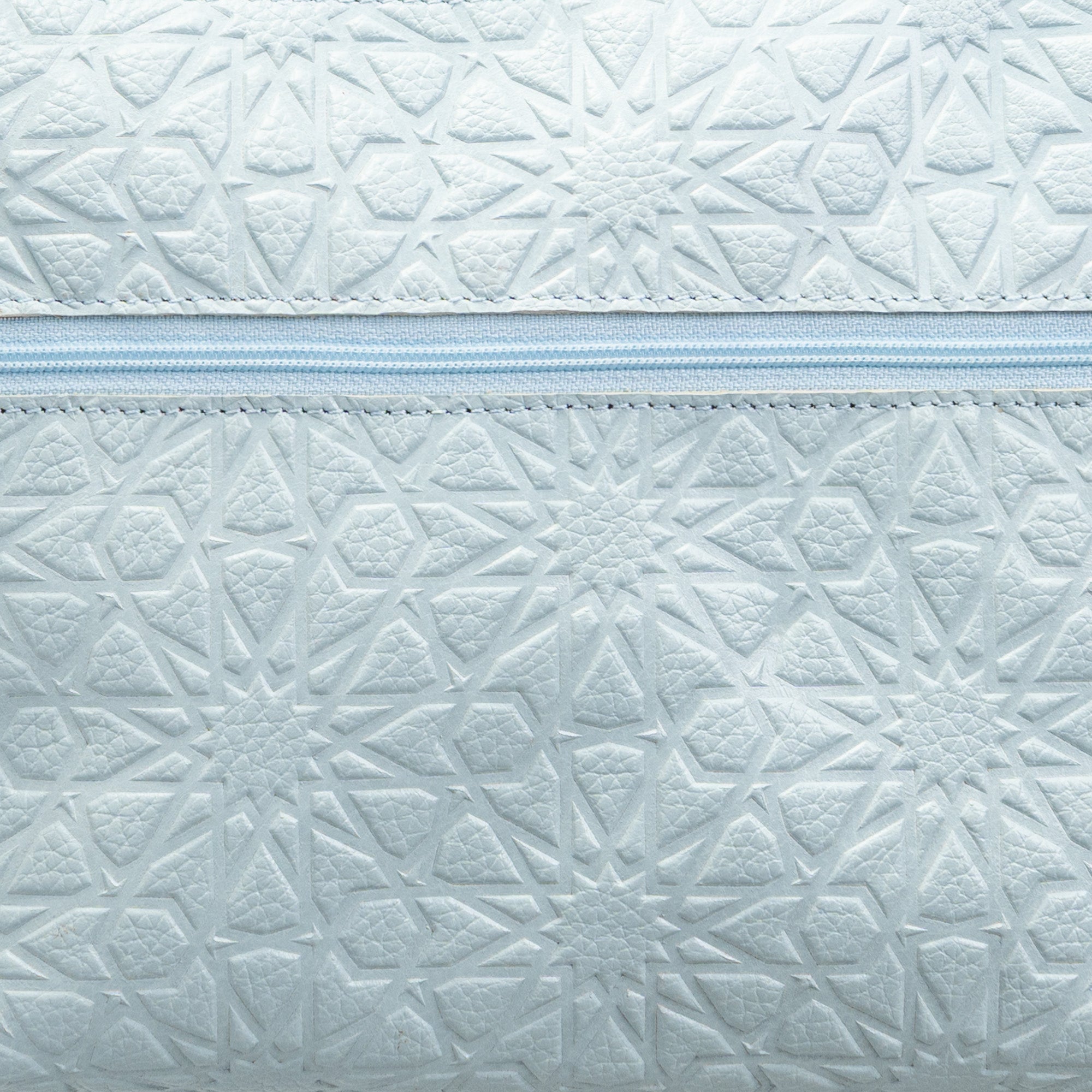 Close-up of the Light Blue Embossed Crossbody Bag, showcasing its Islamic design pattern, raised slightly shiny texture, and a horizontal center zipper.