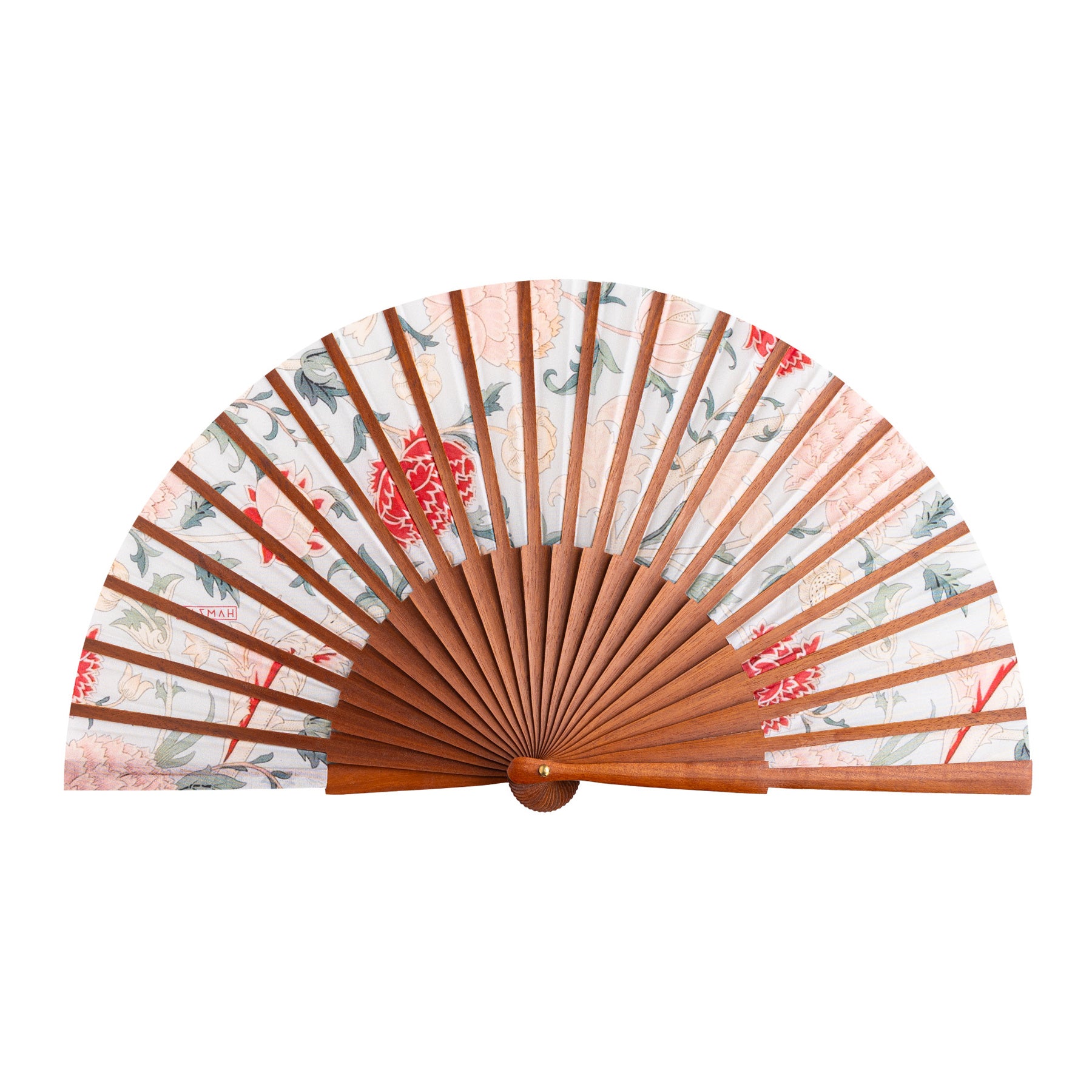 The Floral Design Fan William Morris Print Odette features wooden spokes and floral-patterned paper with red, pink, and green flowers and leaves on a white background, fully opened against a white backdrop.