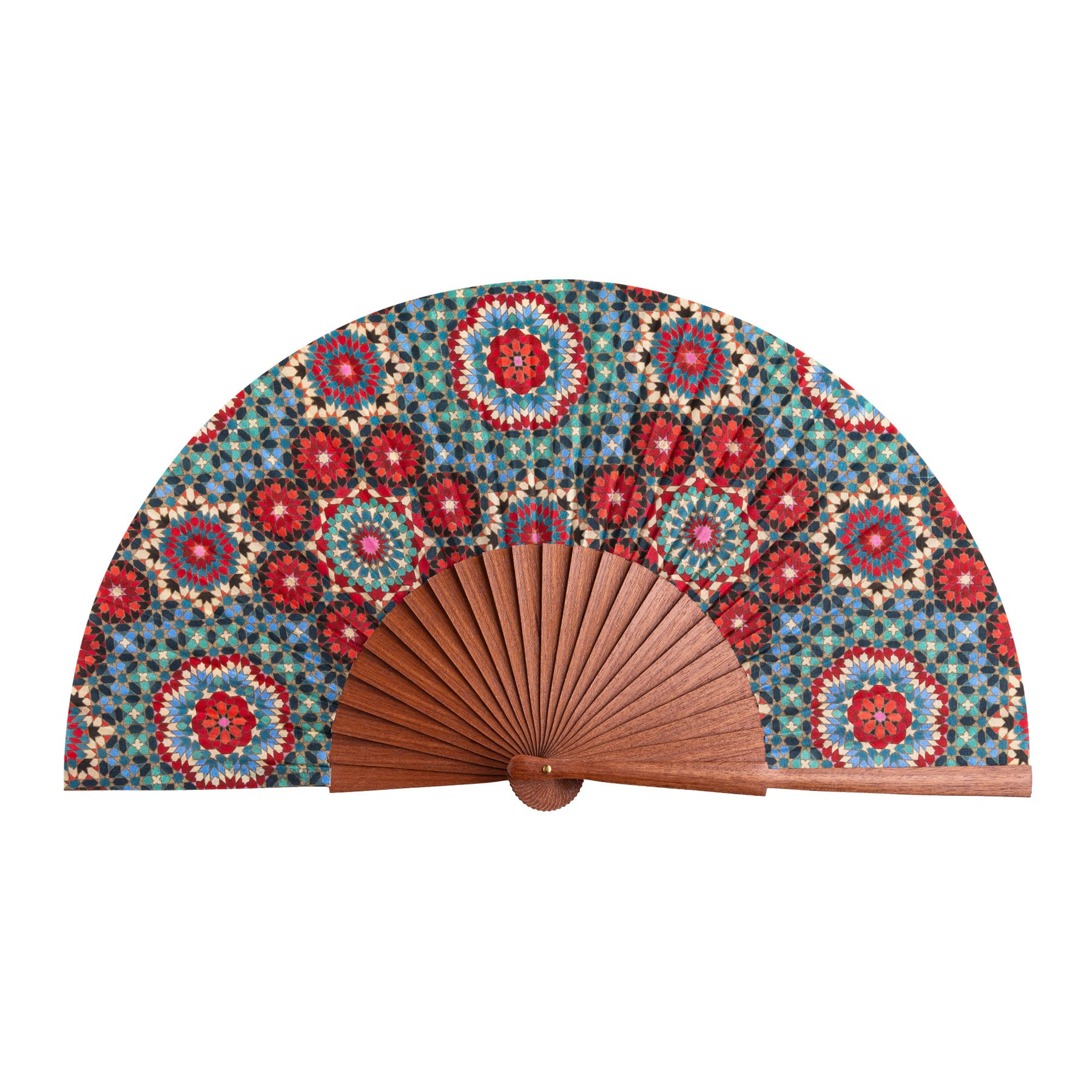 The Folding Silk Fan Baraka V1 is a decorative silk fan with a wooden base, displayed fully open against a white background, featuring intricate red, blue, and green geometric floral patterns inspired by Spanish craftsmanship.