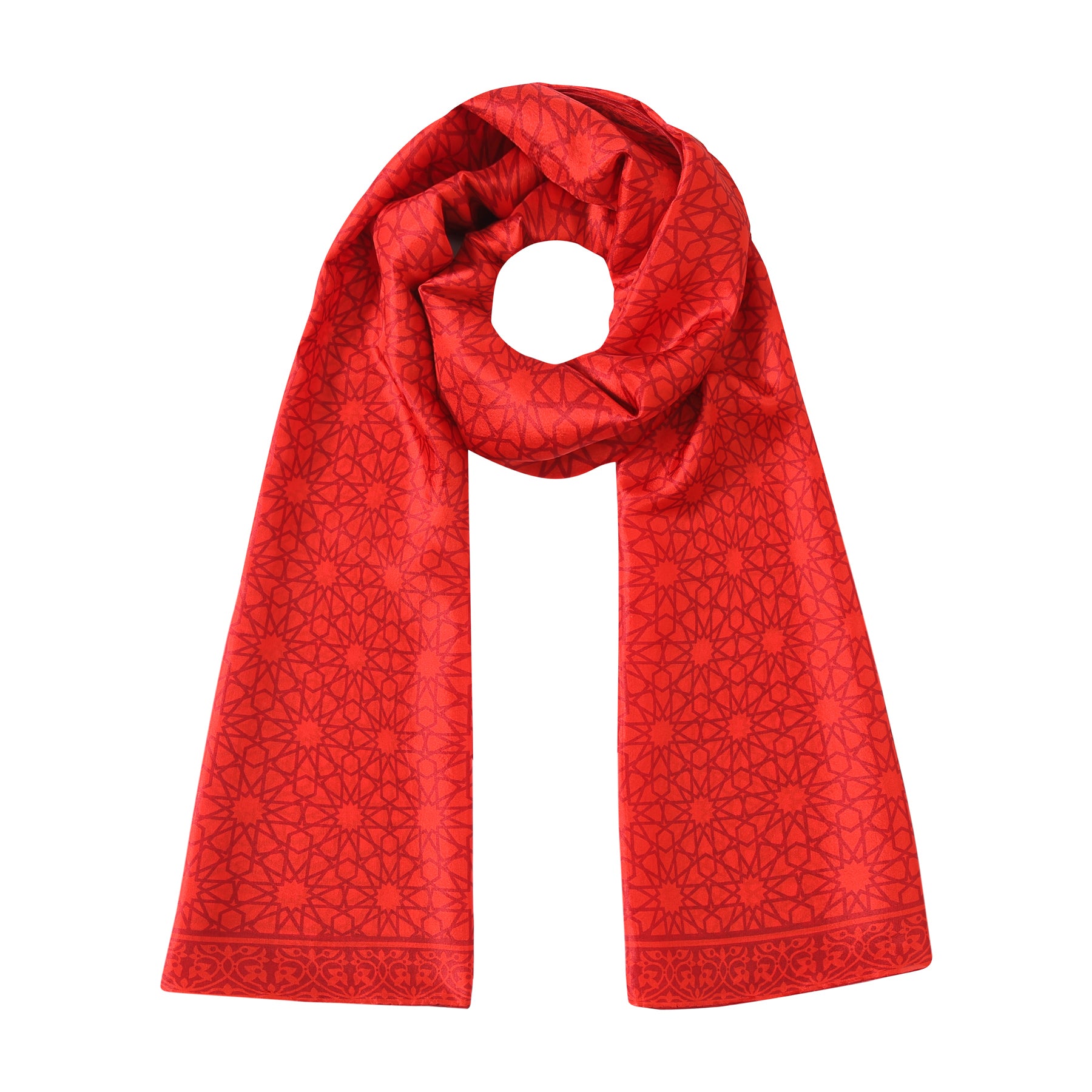 The Red Silk Scarf Dalila folded, showing the Dalila Al-Andalus mosaic print in red on natural Habotai silk.
