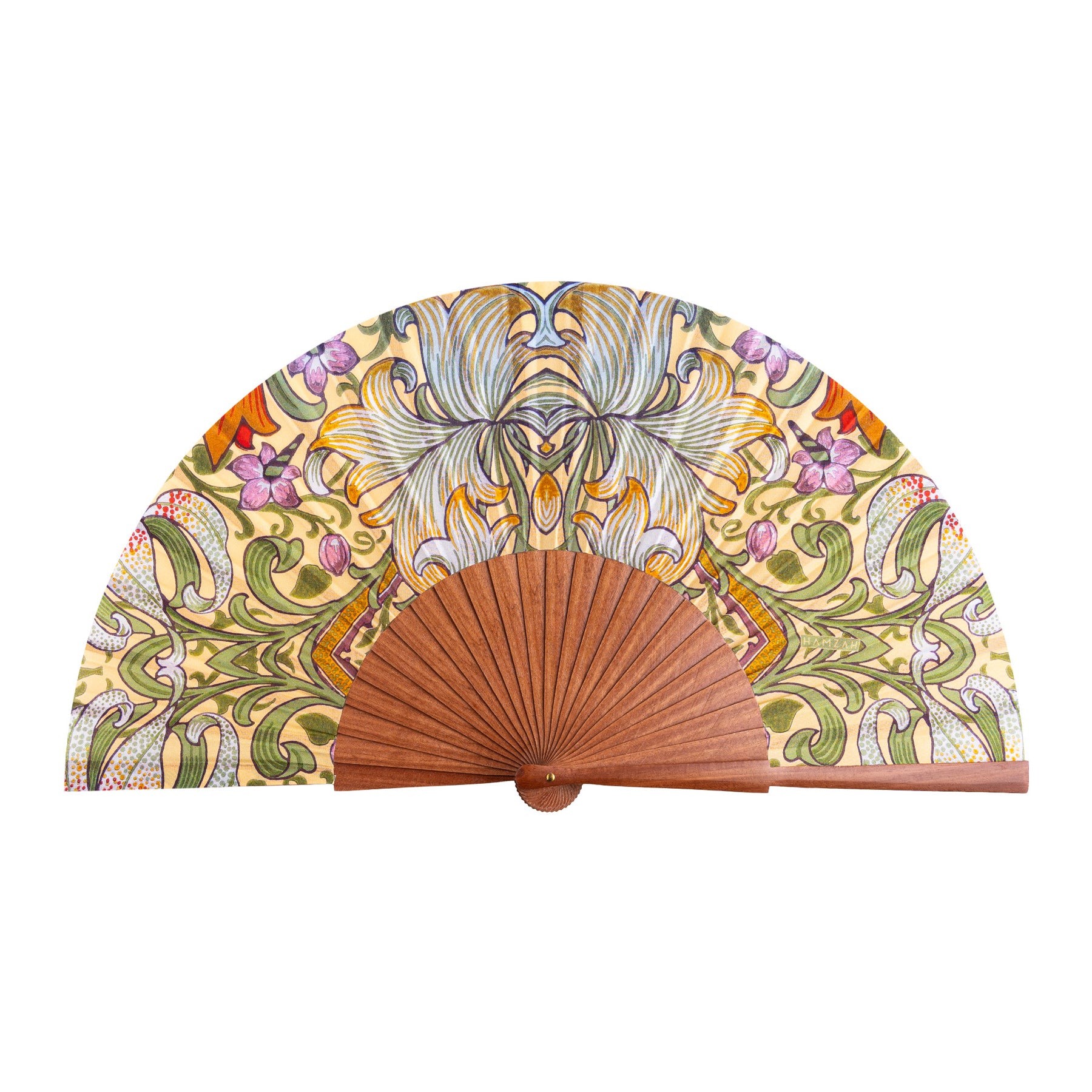 The Spanish Hand Fan with Floral Print Georg features a wooden base and vibrant, symmetrical green, yellow, purple, and orange floral patterns on silk fabric.