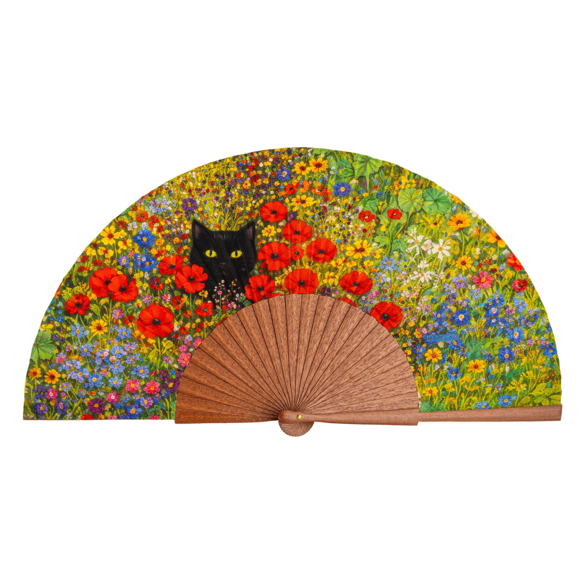 The Gustav Klimt Print Hand Fan Cat and Flowers open, highlighting the Gustav Klimt cat and flowers print and Kotibé wood ribs.