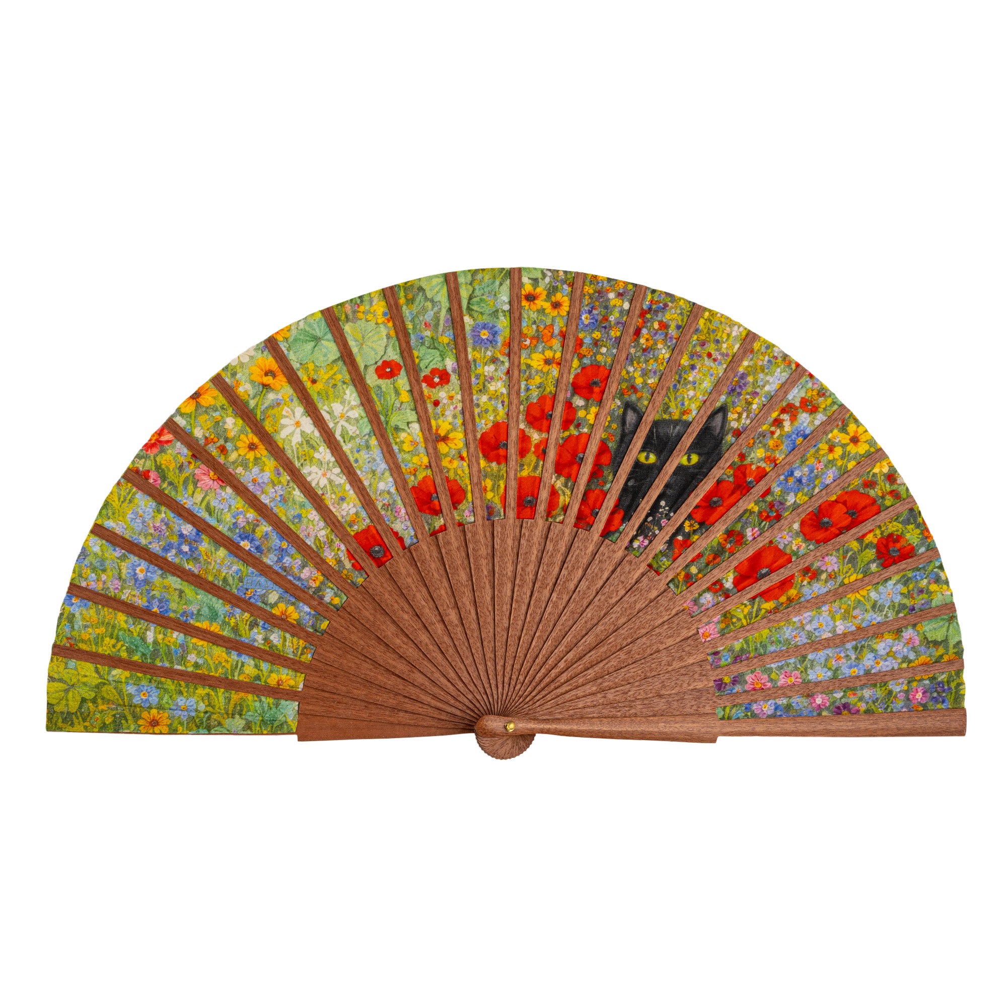 The Gustav Klimt Print Hand Fan Cat and Flowers fully open, showing the Gustav Klimt cat and flowers print on silk with natural wooden ribs.