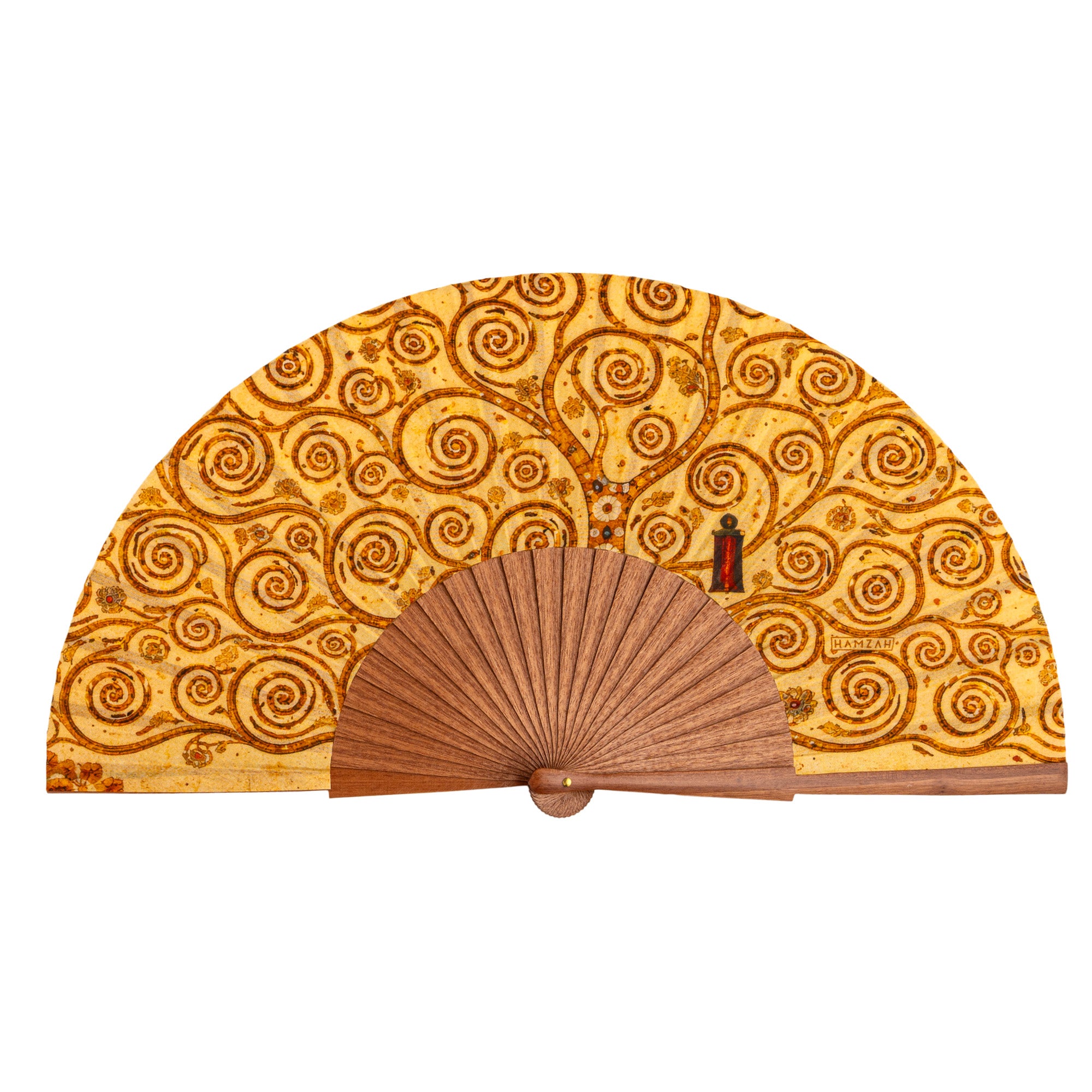 The Gustav Klimt Print Hand Fan Tree of Life open, highlighting the Gustav Klimt Tree of Life golden print and Kotibé wood ribs.