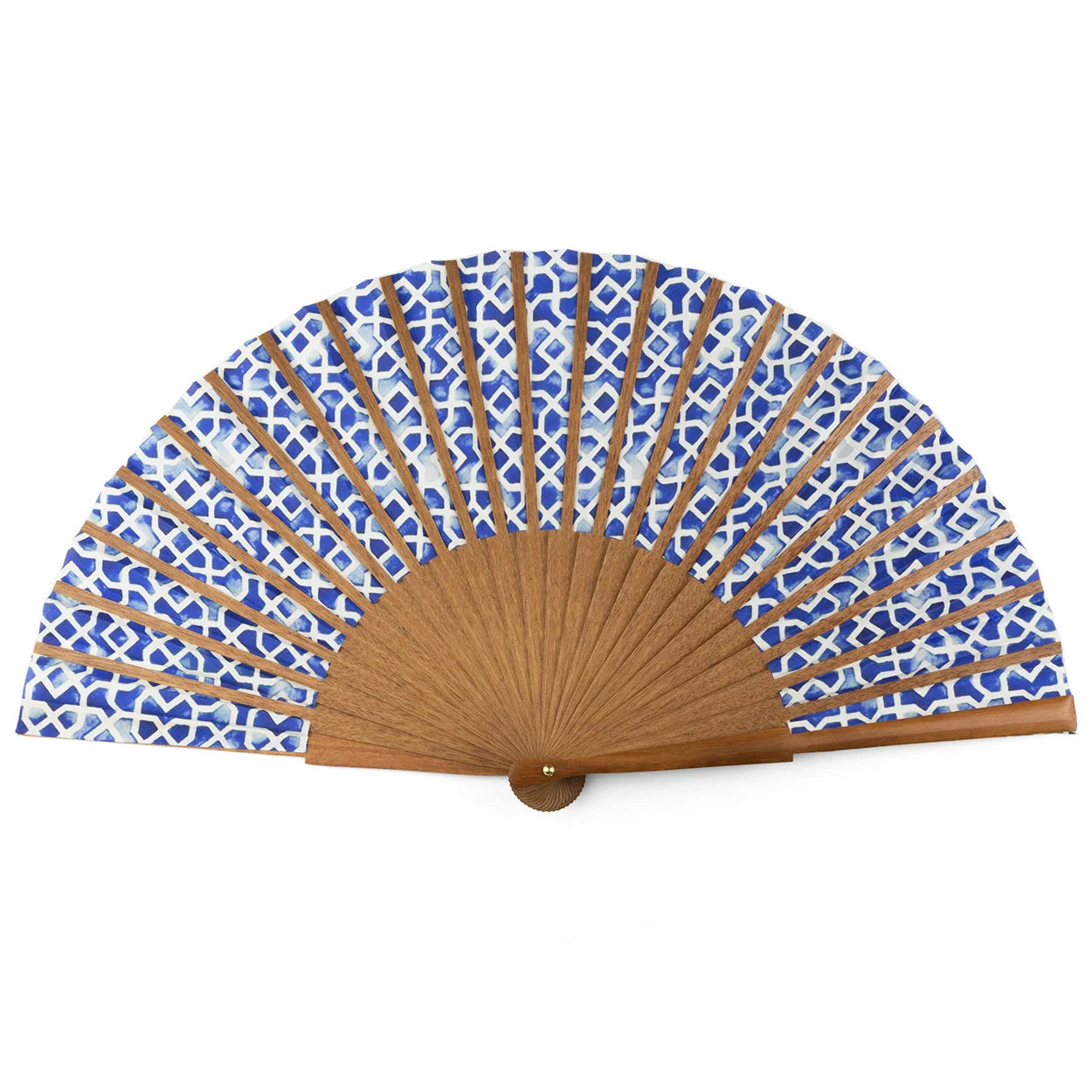 The Folding hand fan Alcazaba blue features brown bocapi wood ribs and blue-and-white patterned fabric, displayed open in a semi-circle shape against a white background.