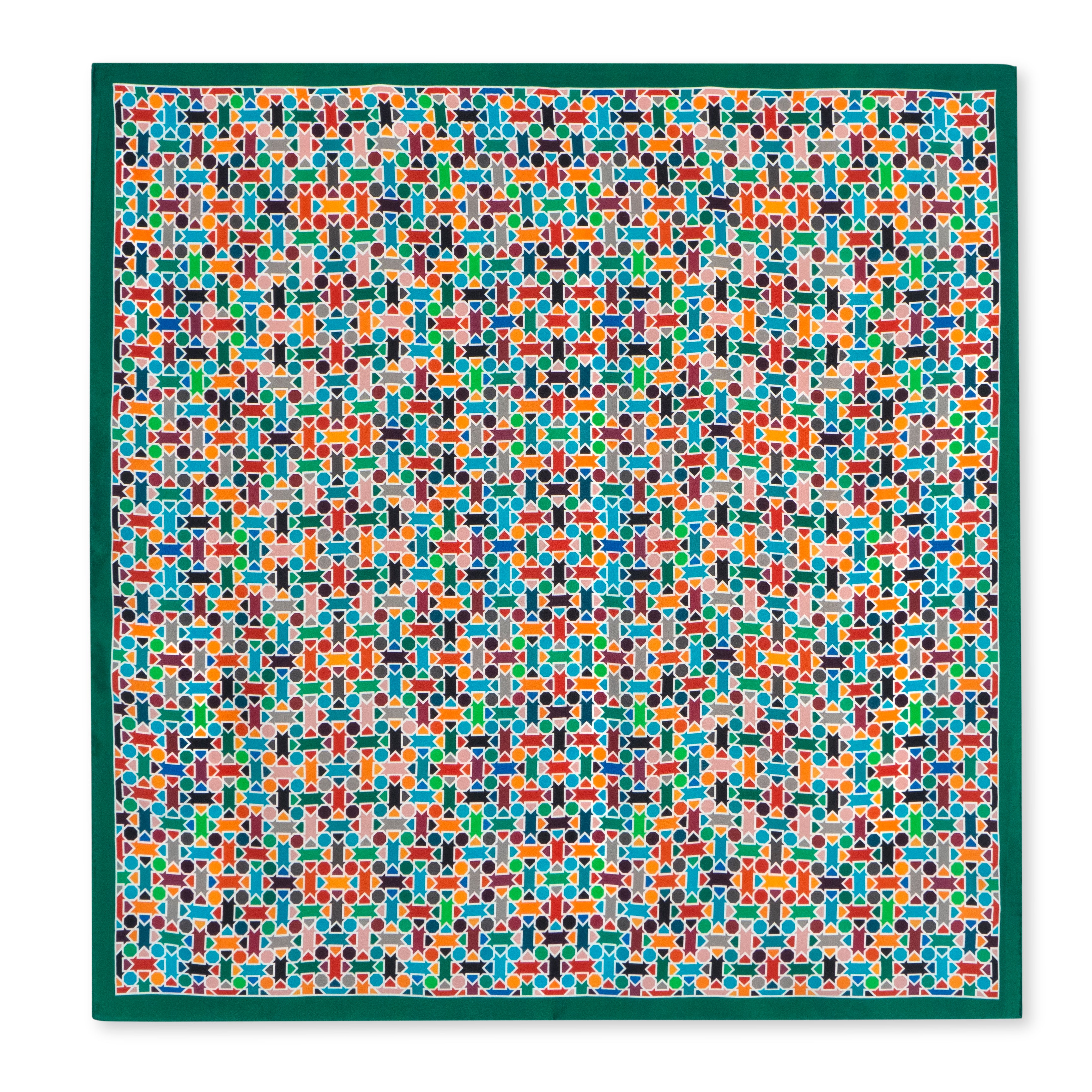 The Multicolor Silk Square Scarf Amal showcases a dense geometric pattern in red, orange, blue, green, and black with hand-rolled dark green hems, evoking the intricate look of mosaic or tile work.