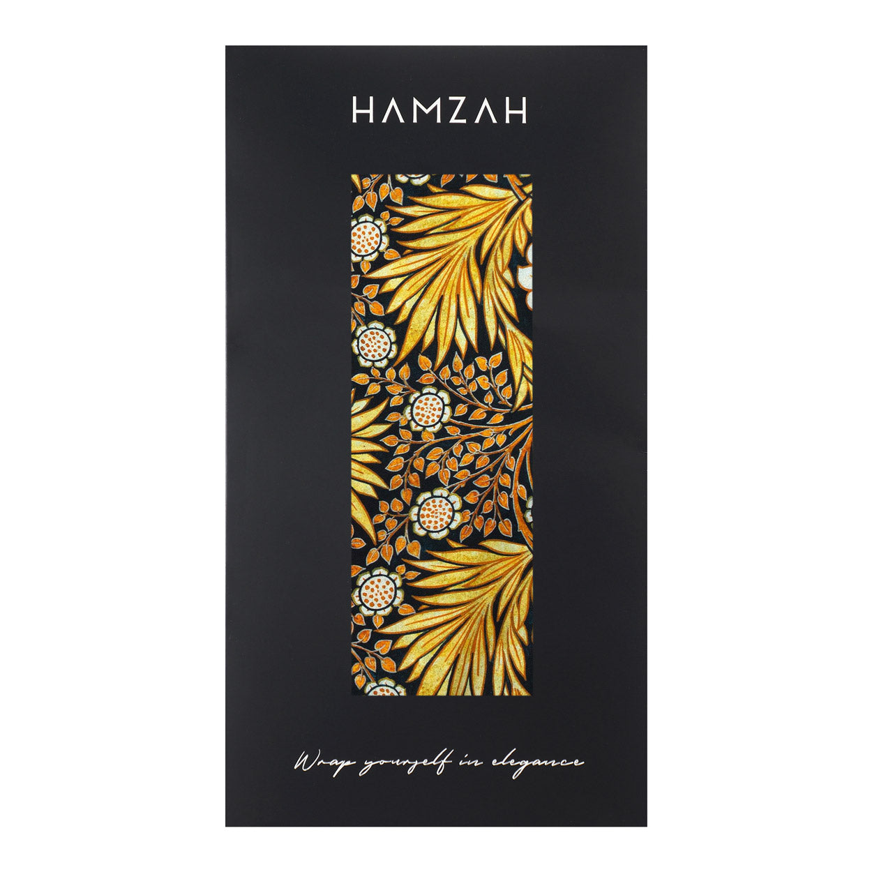 A black box with HAMZAH at the top, a window revealing the Black Silk Scarf with Gold Floral Motifs Aurum inside, and “Wrap yourself in elegance” printed at the bottom.