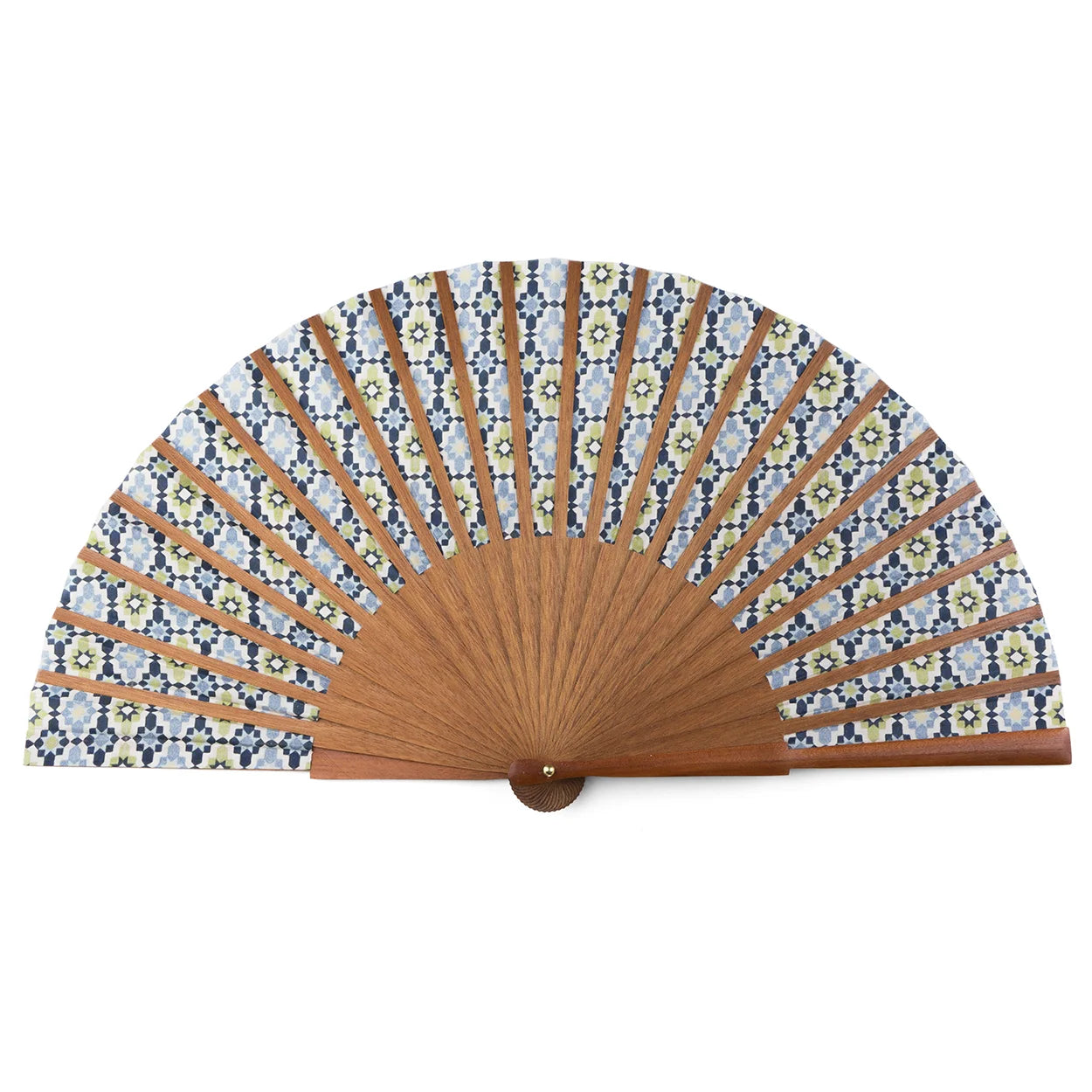 The Blue & Green Silk hand fan Ayad is handmade in Spain with brown wooden ribs and features a patterned fabric inspired by blue, yellow, and white Moroccan tiles. The fan fully opens into a graceful semicircular shape.