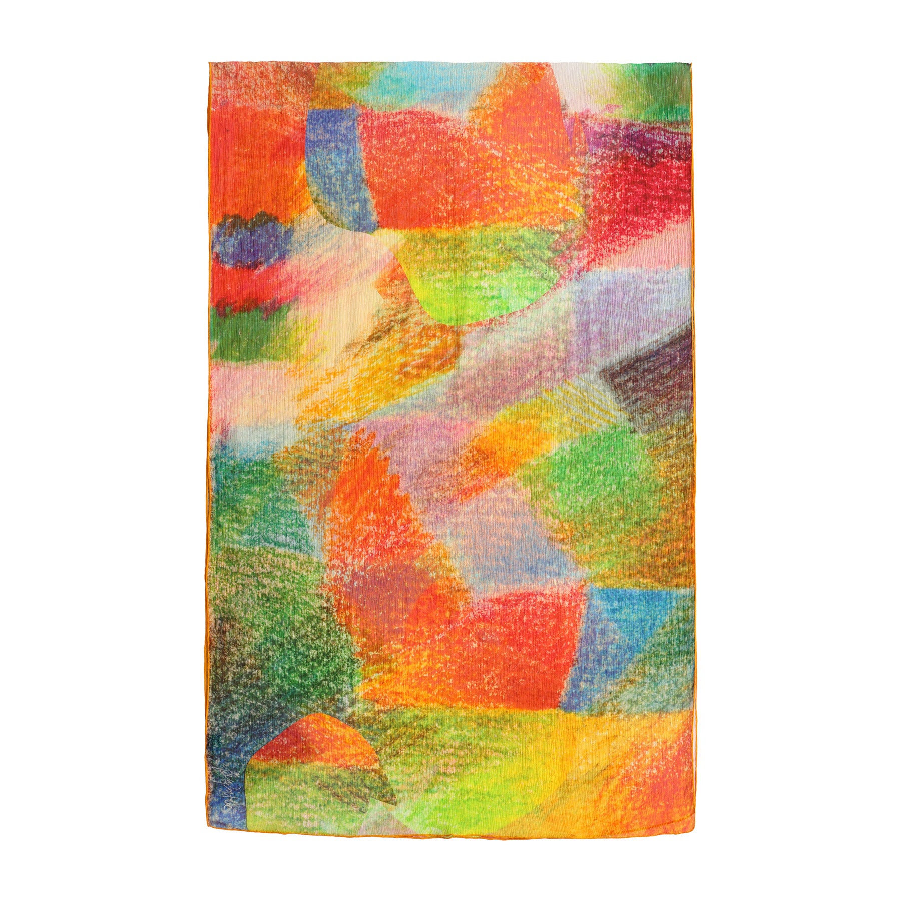 The Multicolor Silk Scarf Calidoscopic is a rectangular muslin silk scarf with an abstract, vivid pattern in red, orange, green, yellow, and blue—an expressive accessory thats true wearable art.