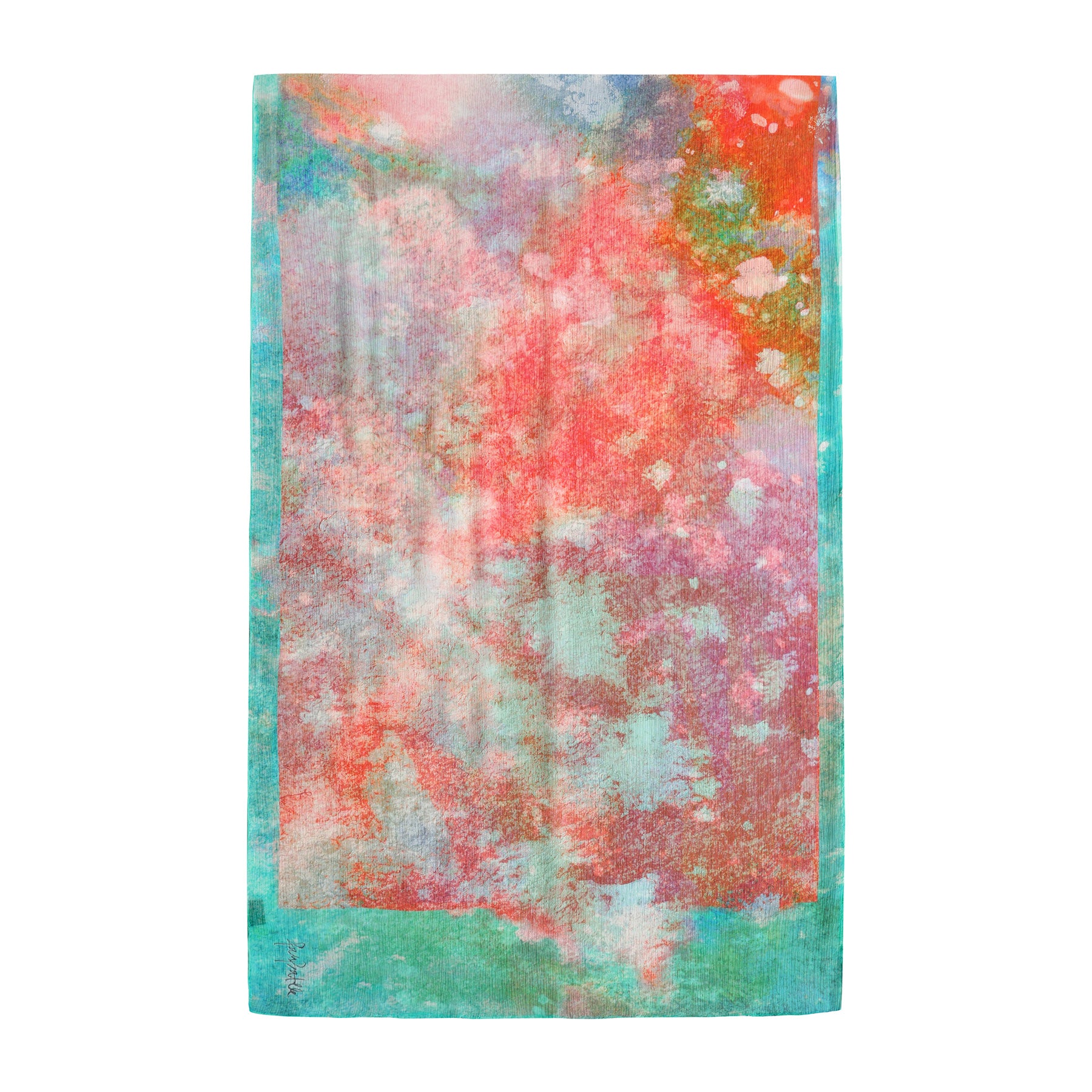 The Multicolor Silk Scarf Fucsia Paradis features an abstract pattern with red, teal, orange, and white splashes and darker