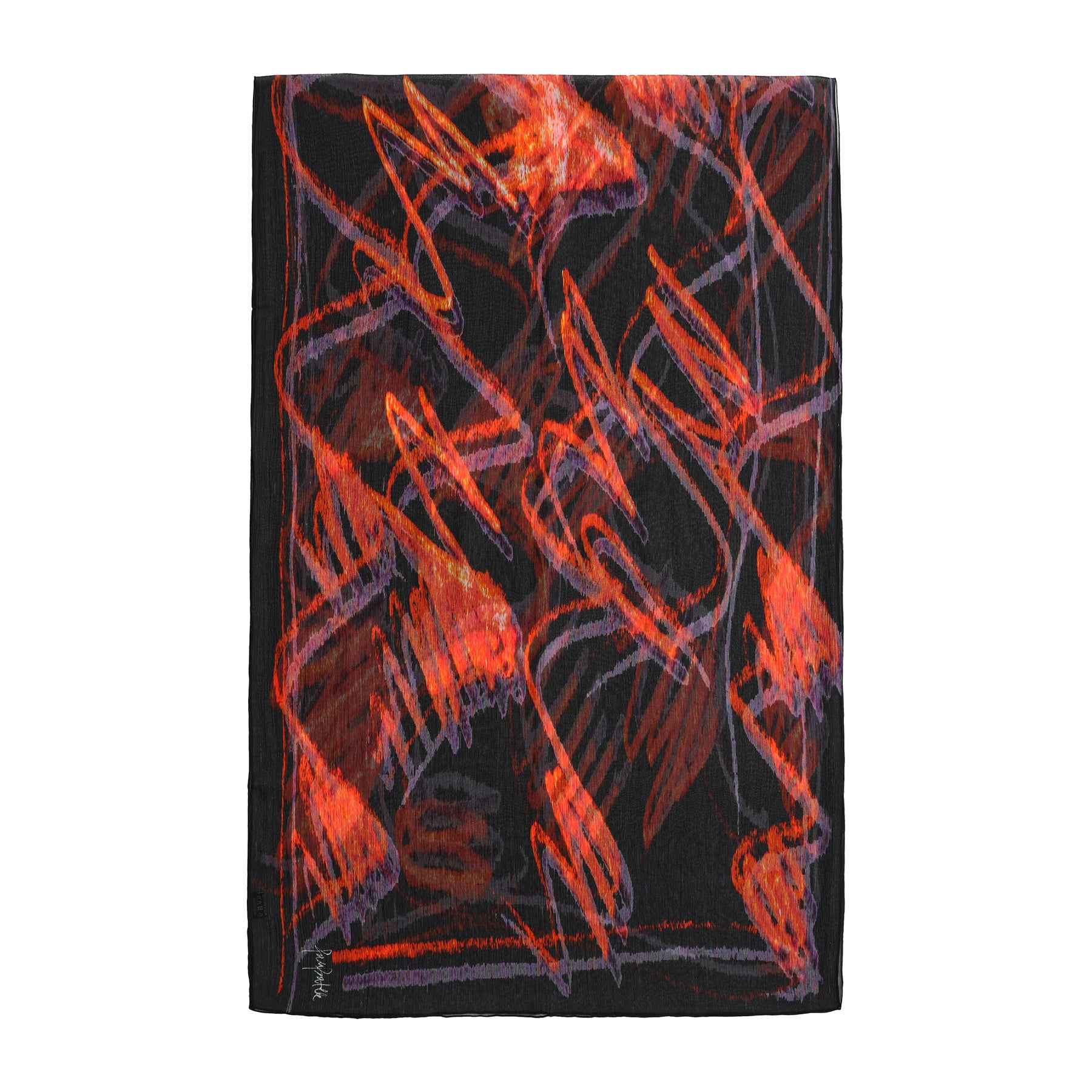 The Black & Red Silk Scarf Anubis is a black rectangular muslin silk scarf showcasing bold abstract red, orange, and purple brushstroke patterns, creating a dynamic and artistic accessory.