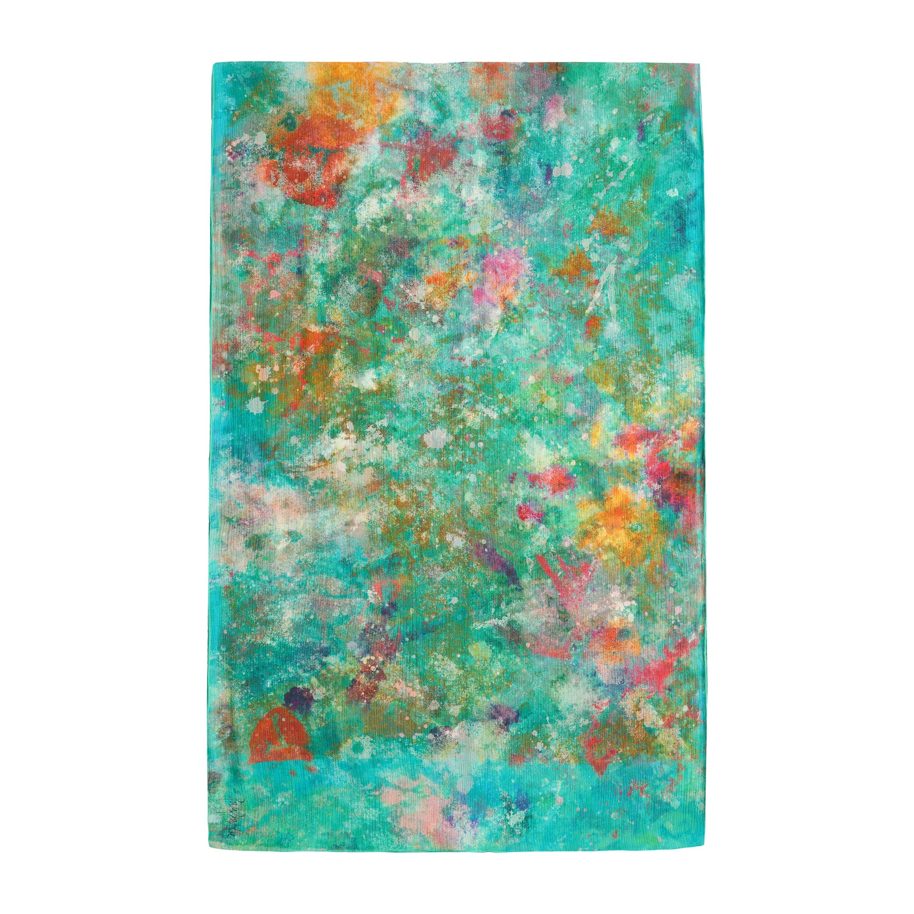 The Natural Silk Scarf Mundos Ocultos features a rectangular abstract design in vibrant turquoise, orange, red, yellow, and green, blending textured styles—evoking a Mediterranean scarf turned into wearable art.