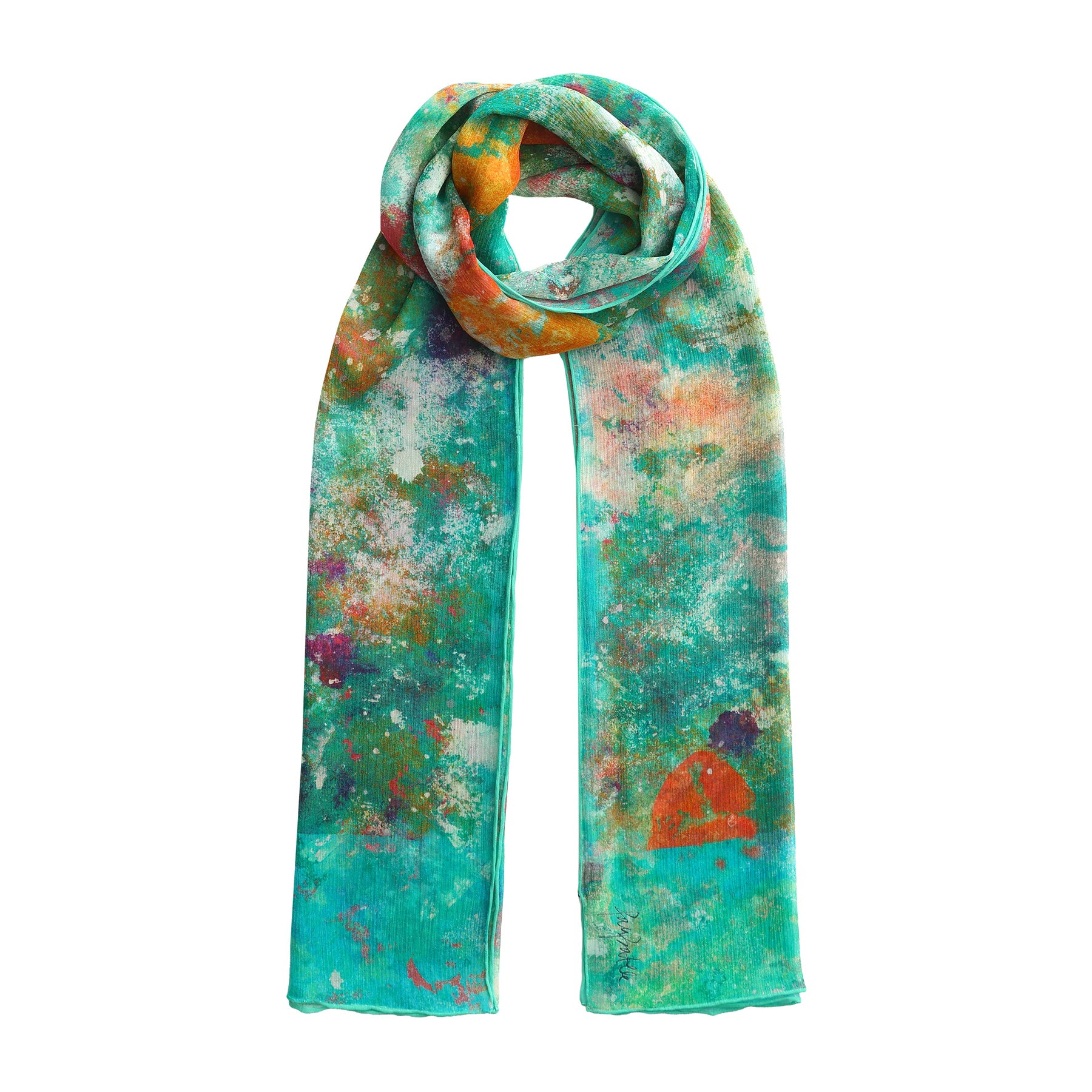 The Natural Silk Scarf Mundos Ocultos features an abstract, colorful pattern with teal, orange, green, pink, and white splashes. Loop it for Mediterranean elegance and vibrant style against a crisp white backdrop.