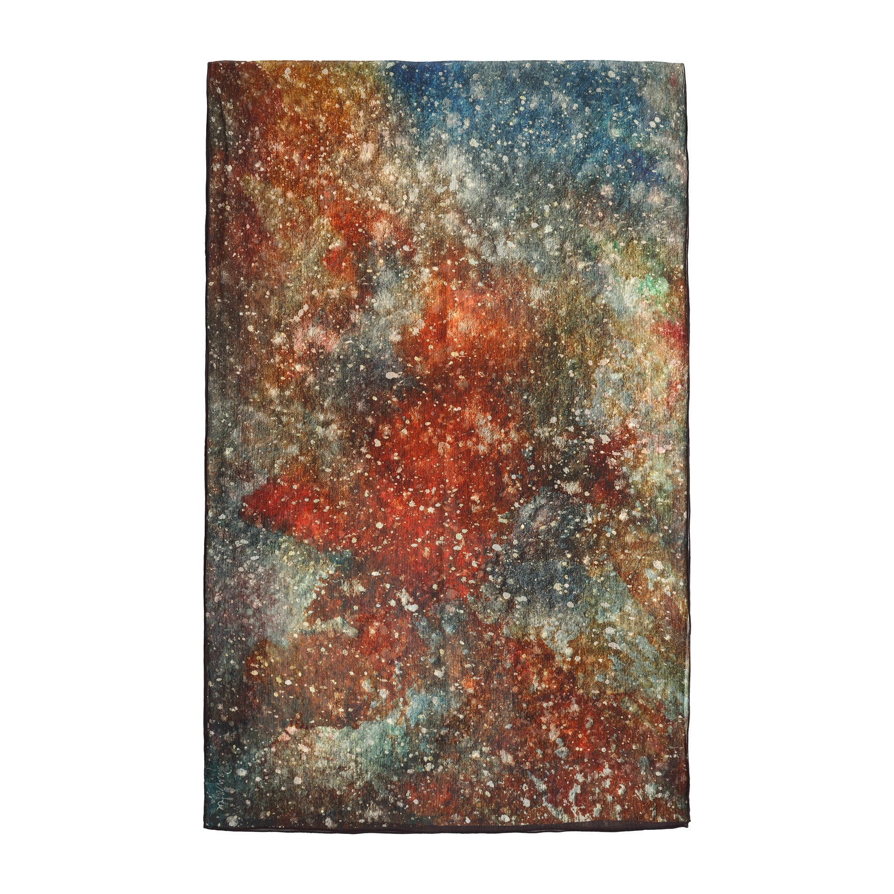 The Multicolor Silk Scarf Polvo Cósmico is a rectangular muslin silk scarf with an abstract, starry galaxy pattern in red, blue, brown, and white—creating a cosmic, nebula-inspired effect perfect as wearable art.