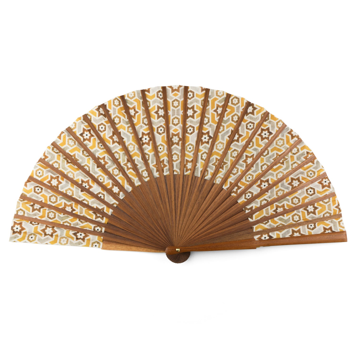 The Silk & Wood fan Balat features handcrafted wooden ribs and fabric with an Andalusian Islamic geometry pattern in brown, gold, and white tones, shown fully open against a white background.