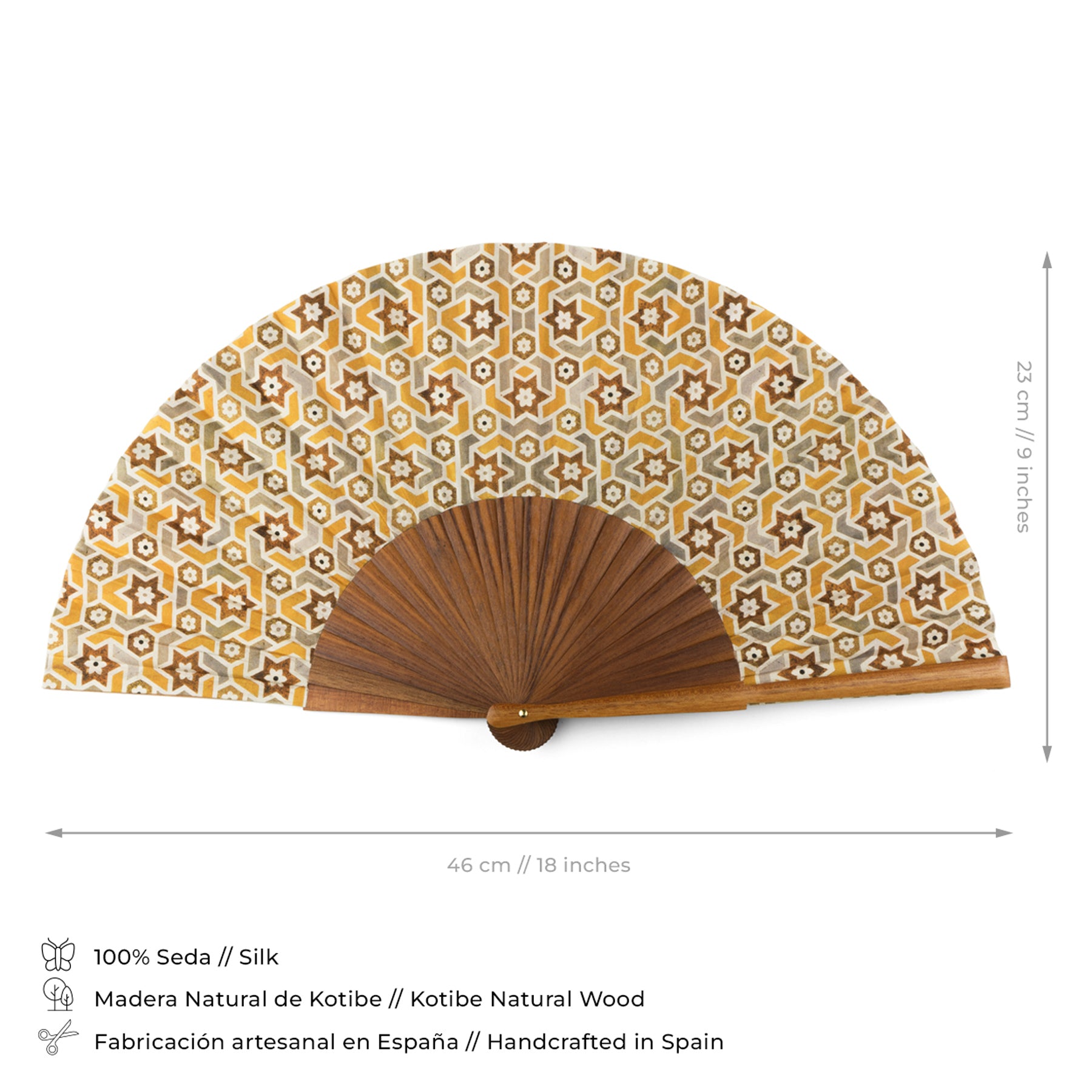 The Silk & Wood fan Balat features handcrafted Andalusian Islamic geometry in yellow and white silk on natural Kotibe wood. Made in Spain, it measures 46 cm wide by 23 cm tall. Icons and text below detail its premium materials and origin.