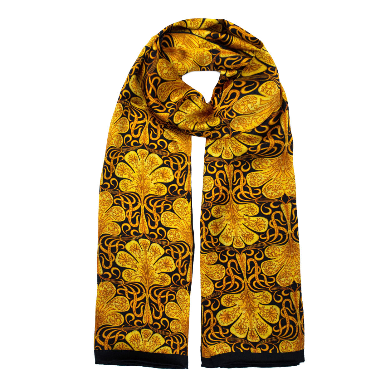 Long black silk scarf draped in a casual loop, highlighting the repeating gold leaf and scroll pattern for an elegant statement.
