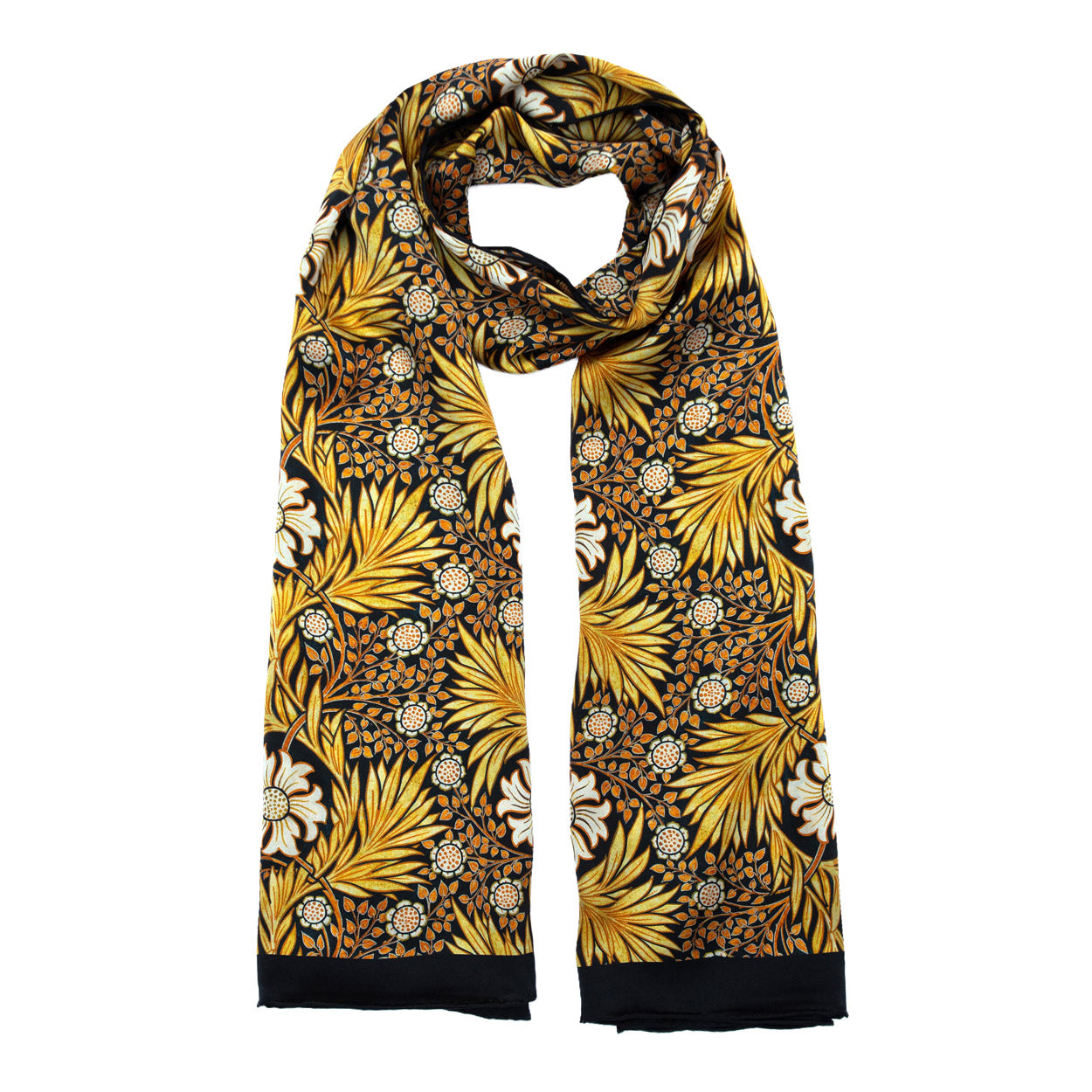 Long black silk scarf adorned with gold leaves and white blossoms, loosely draped to showcase its intricate design.