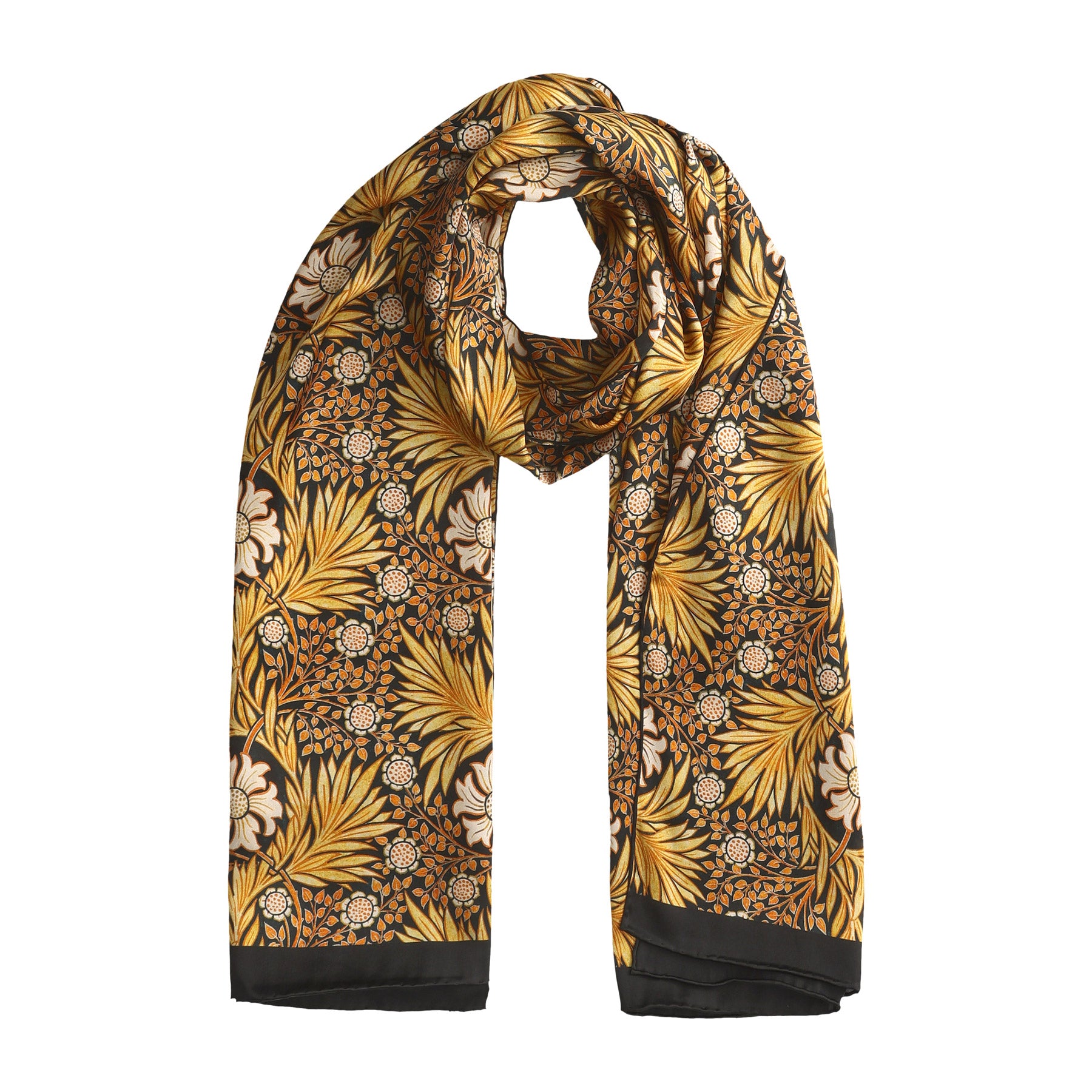 Long black silk scarf adorned with gold leaves and white blossoms, loosely draped to showcase its intricate design.