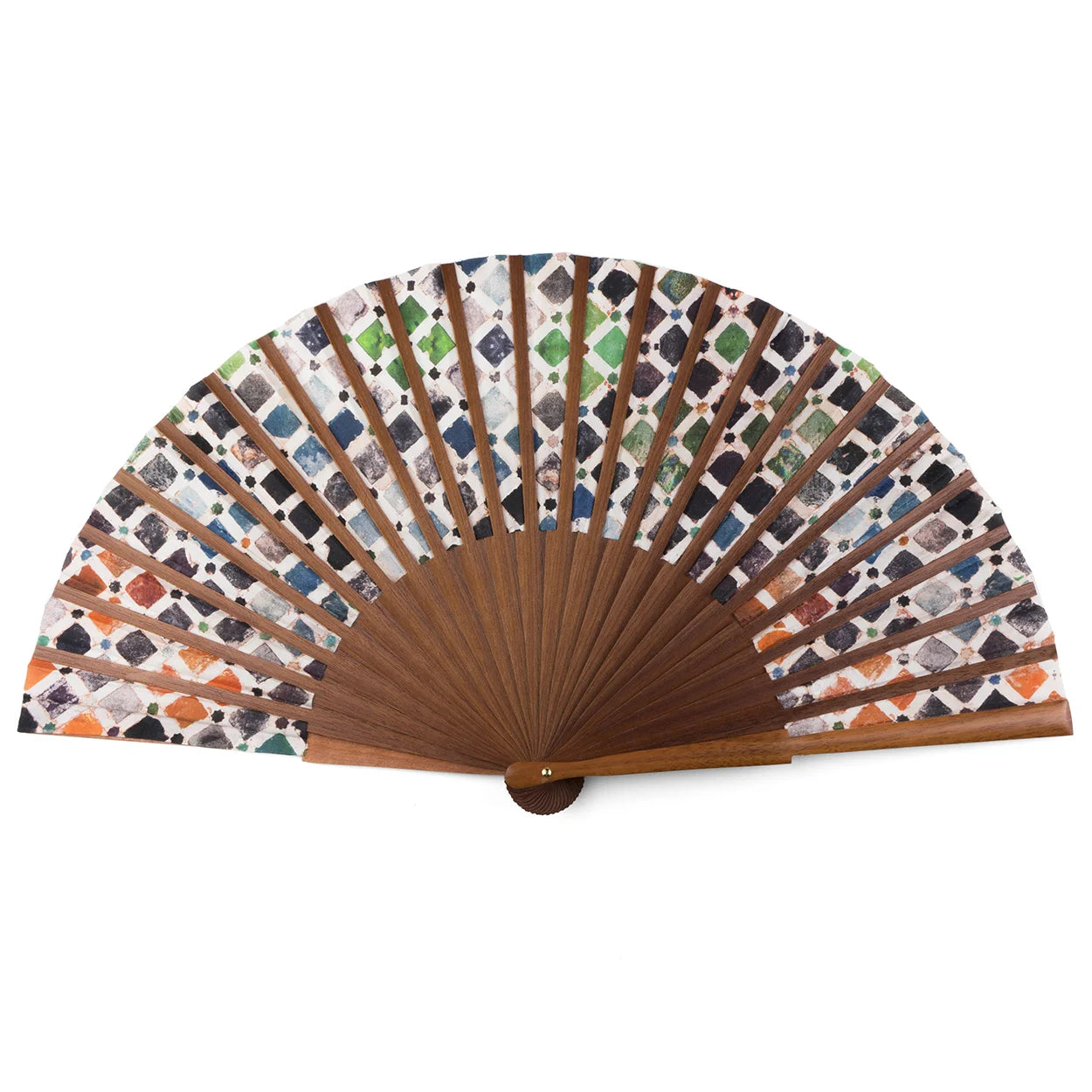 The Alhambra inspired silk hand fan Comares features wooden ribs and patterned silk fabric with a black, green, blue, and orange geometric diamond design inspired by Islamic art.
