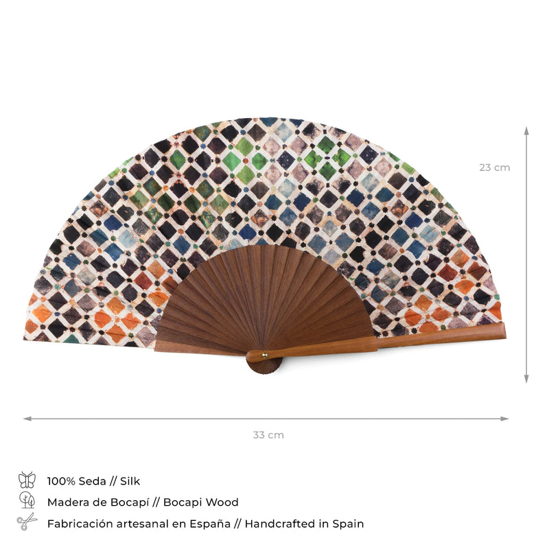 Silk hand fan with islamic art multicolor print
