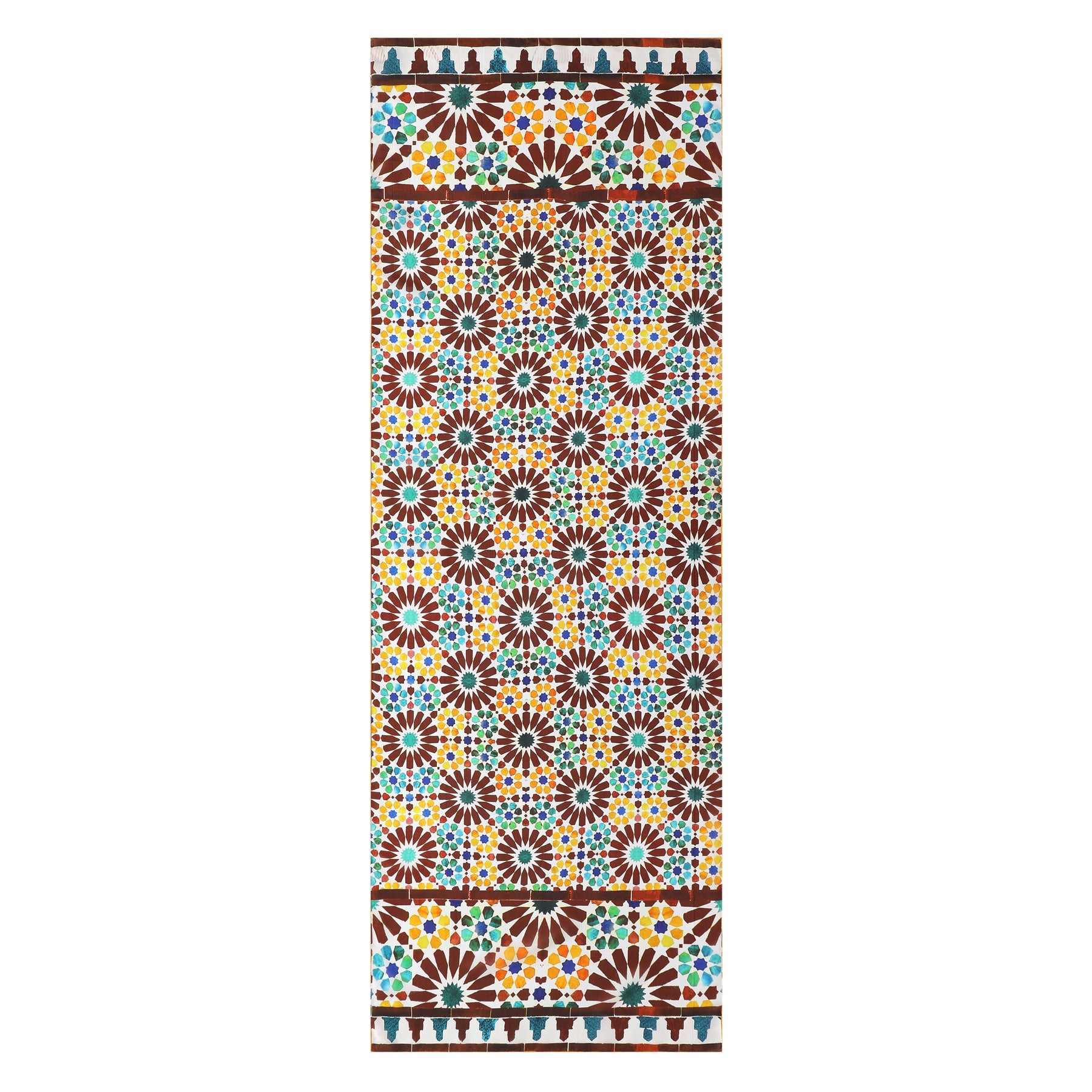 The Brown and Yellow Silk Scarf Garnata features intricate Islamic Art-inspired geometric patterns in yellow, blue, red, brown, and white with repeating star and floral shapes, bordered by colorful motifs.