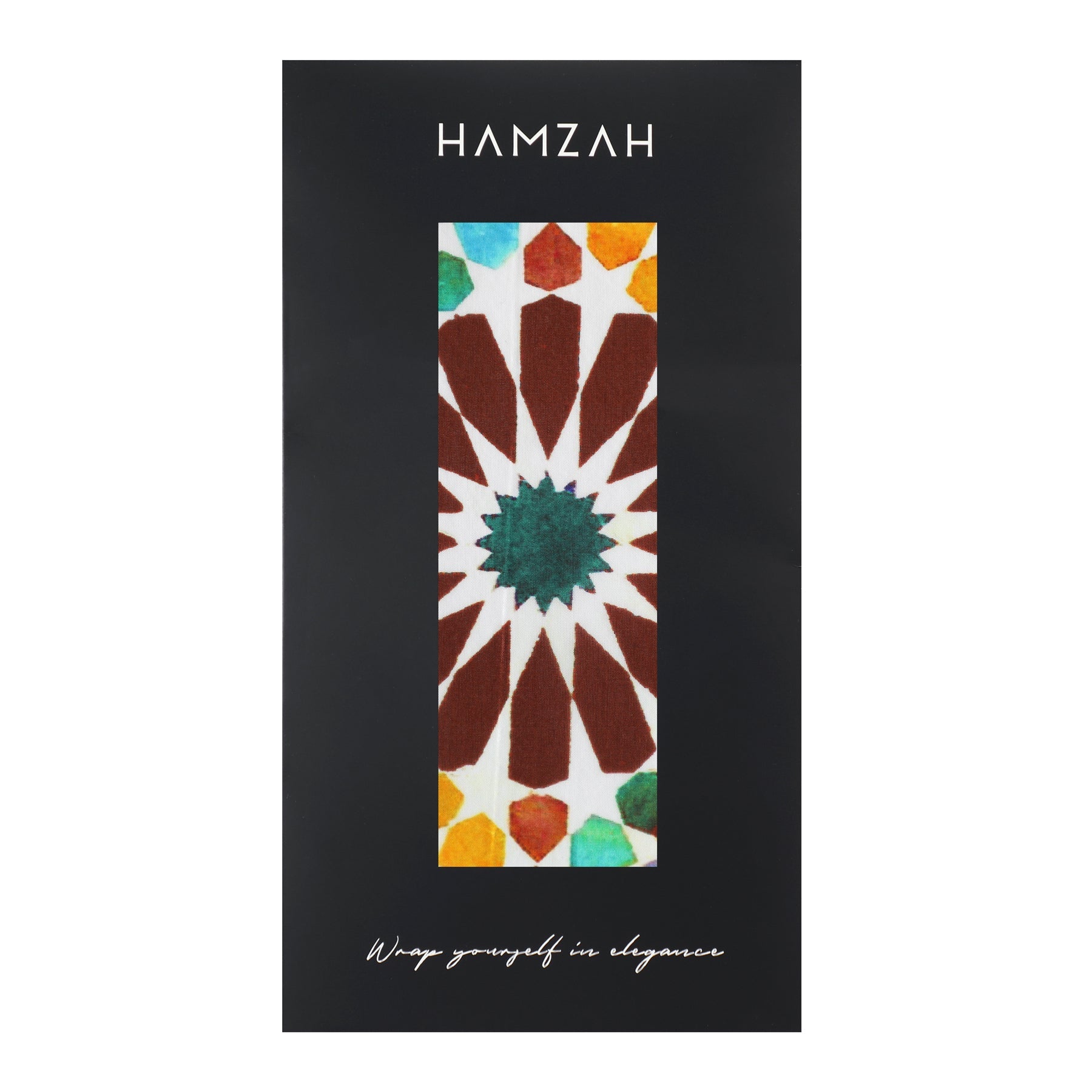 The Brown and Yellow Silk Scarf Garnata features a geometric starburst design in brown, teal, yellow, and orange. Presented in black HAMZAH packaging with the tagline Wrap yourself in elegance. Inspired by Islamic Art.